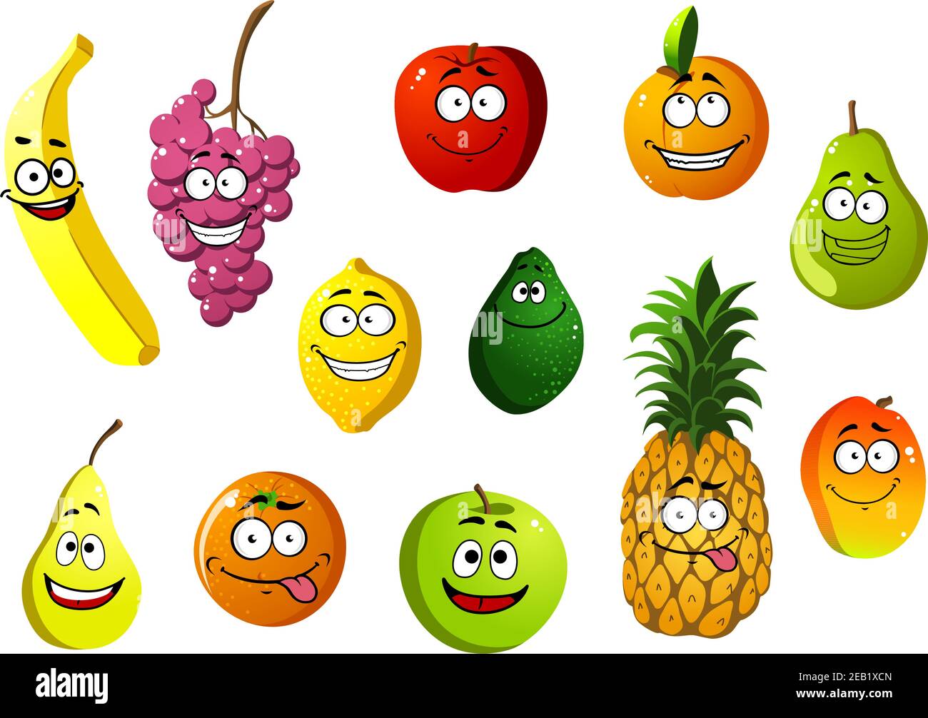 Bunte glücklich lächelnde Cartoon Früchte Zeichen mit Banane, Traube