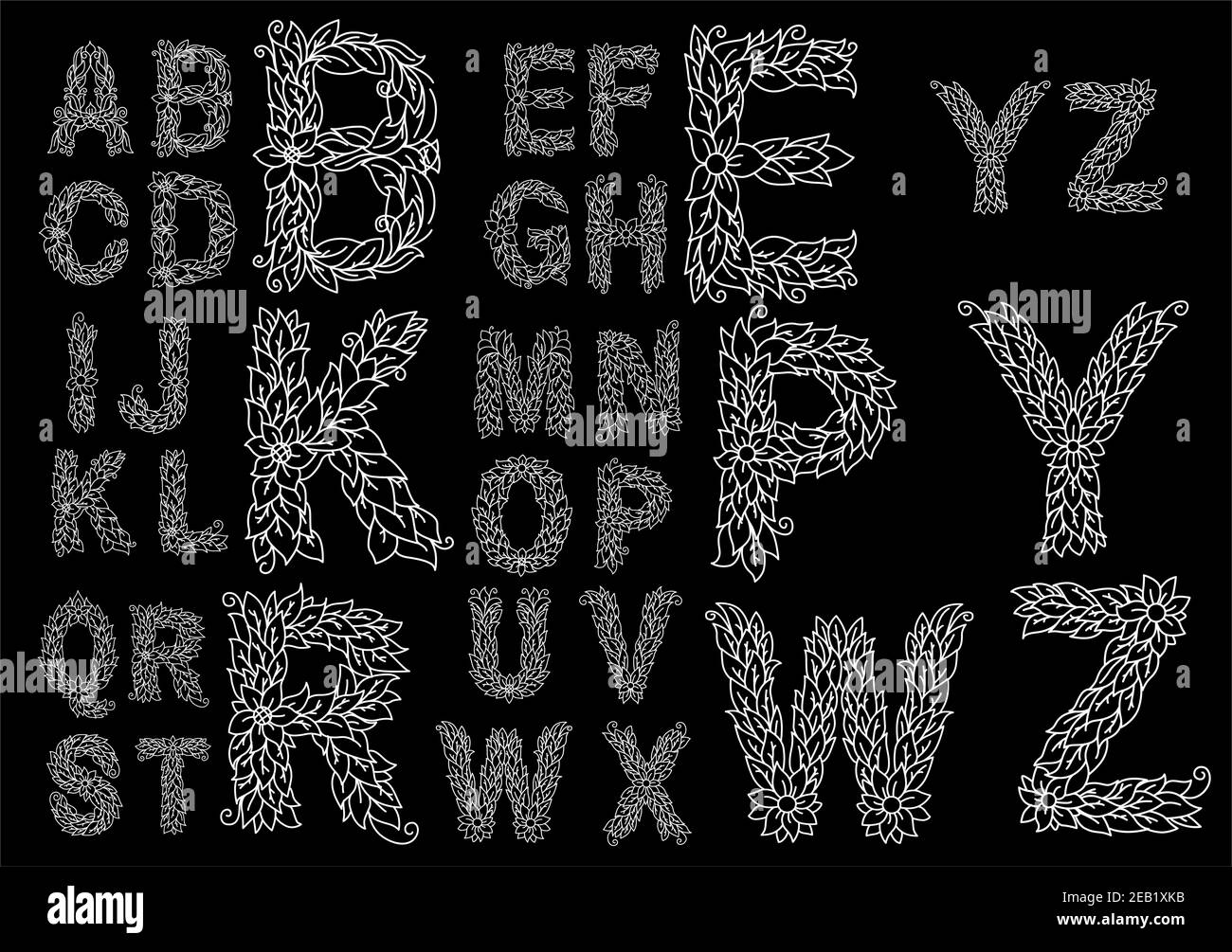 Floral outline Alphabet mit luftigen Großbuchstaben bestehen aus kordatumem Blätter, Blumen und verdrehten Ranken auf schwarzem Hintergrund für Vintage Dekoration o Stock Vektor