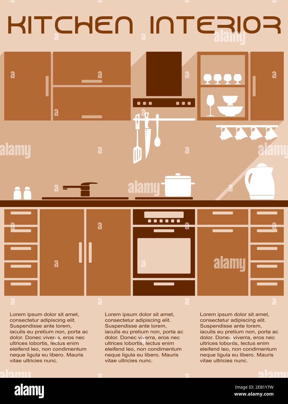 Kücheneinrichtung in warmen Braun- und Beigetönen mit Arbeitsbereich, Möbeln, Geräten, Utensilien, Accessoires und Texteinteilung unten in flachem Stil Stock Vektor