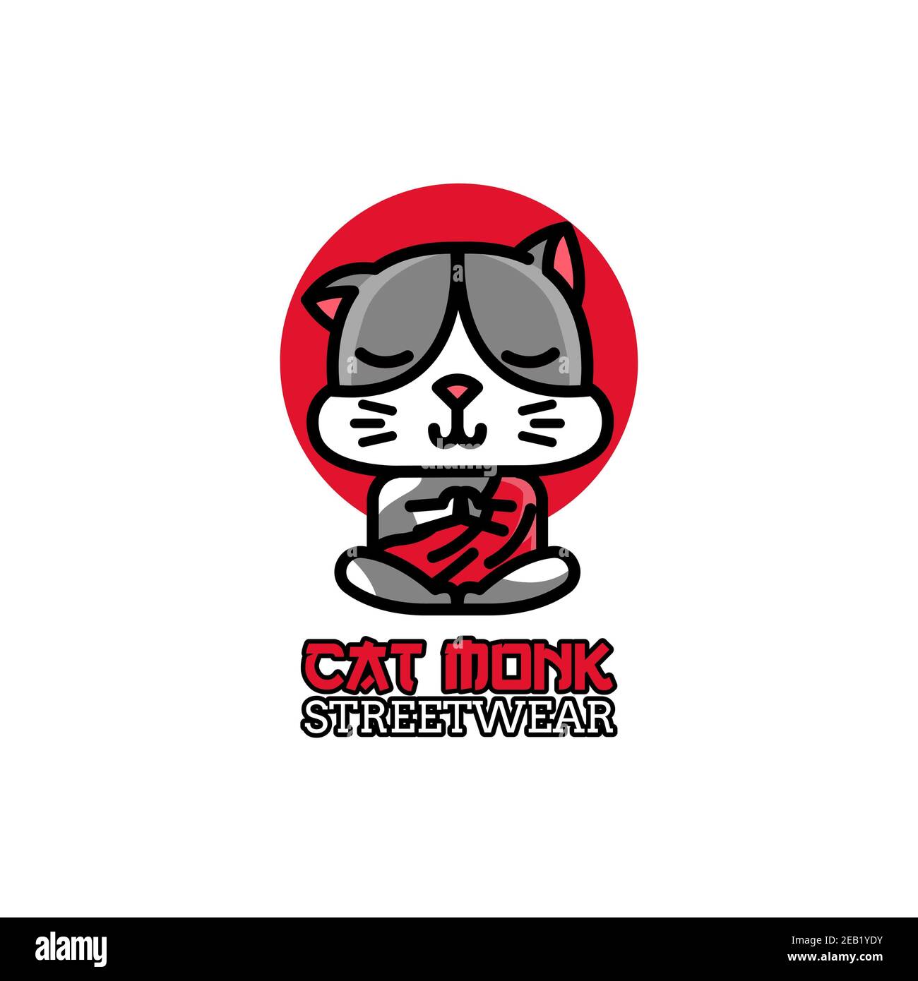 Illustriertes Streetwear-Logo mit EINER Katze, die meditiert Stockfoto