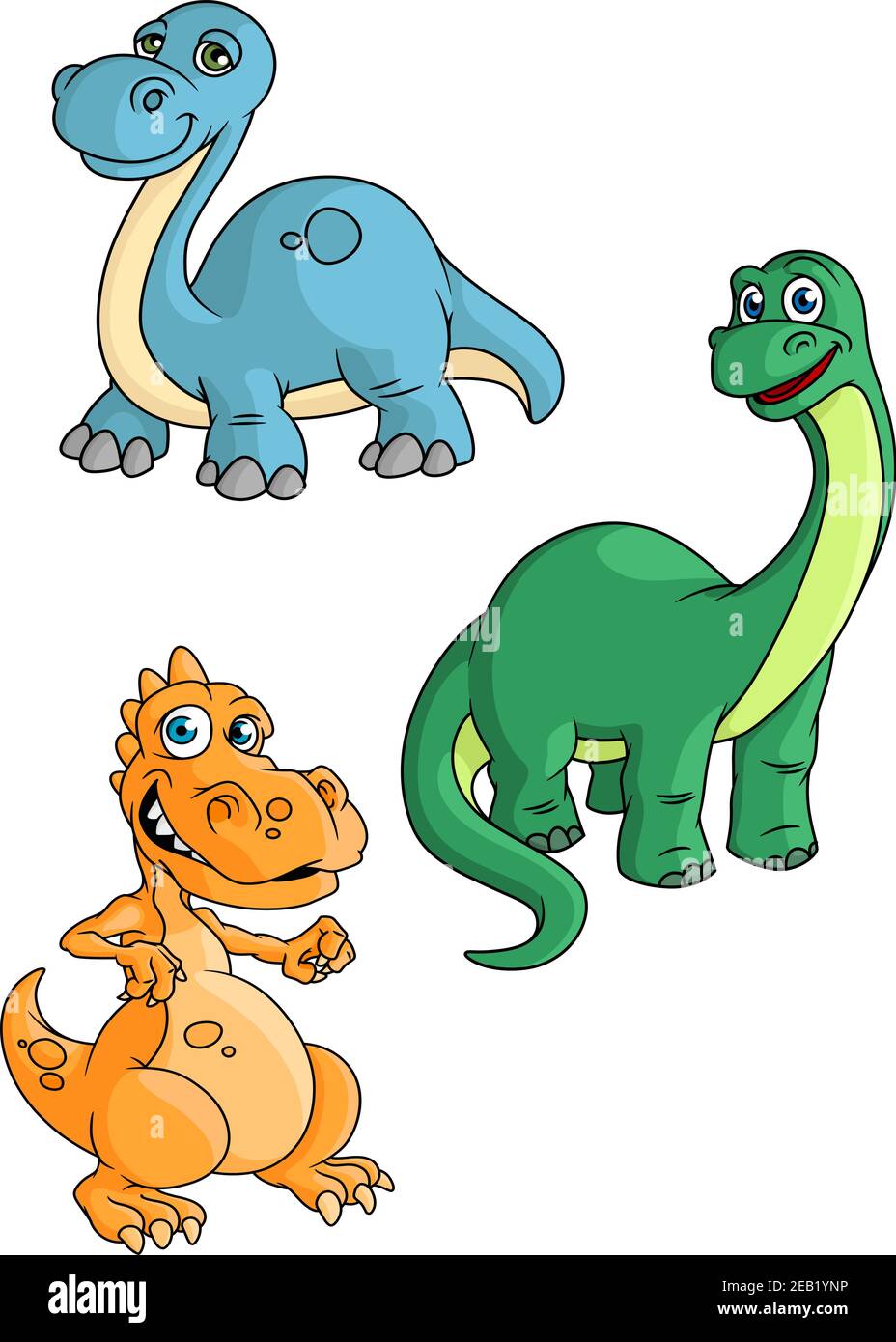 Niedliche Lachelnde Cartoon Dinosaurier Zeichen Mit Orange Tyrannosaurus Blau Und Grun Brontosaurus Isoliert Auf Weissem Hintergrund Fur Sport Team Maskottchen Stock Vektorgrafik Alamy