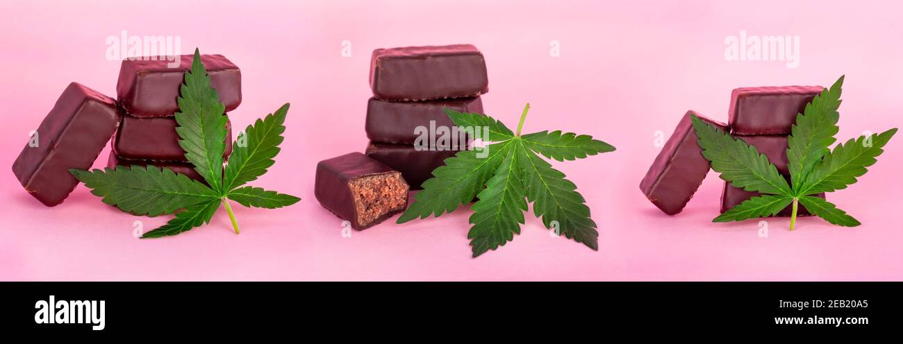 Schokolade Süßigkeiten mit Cannabis. Lebensmittel mit Marihuana cbd und thc Stockfoto