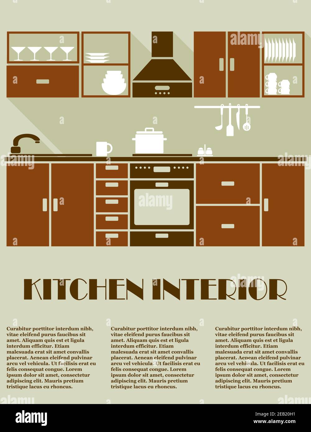 Moderne Küche Interieur in braunen Farben mit modularen Schränken, Gerät, Regale und Regal mit Geschirr und editierbaren Textraum für Möbel Katalog Stock Vektor