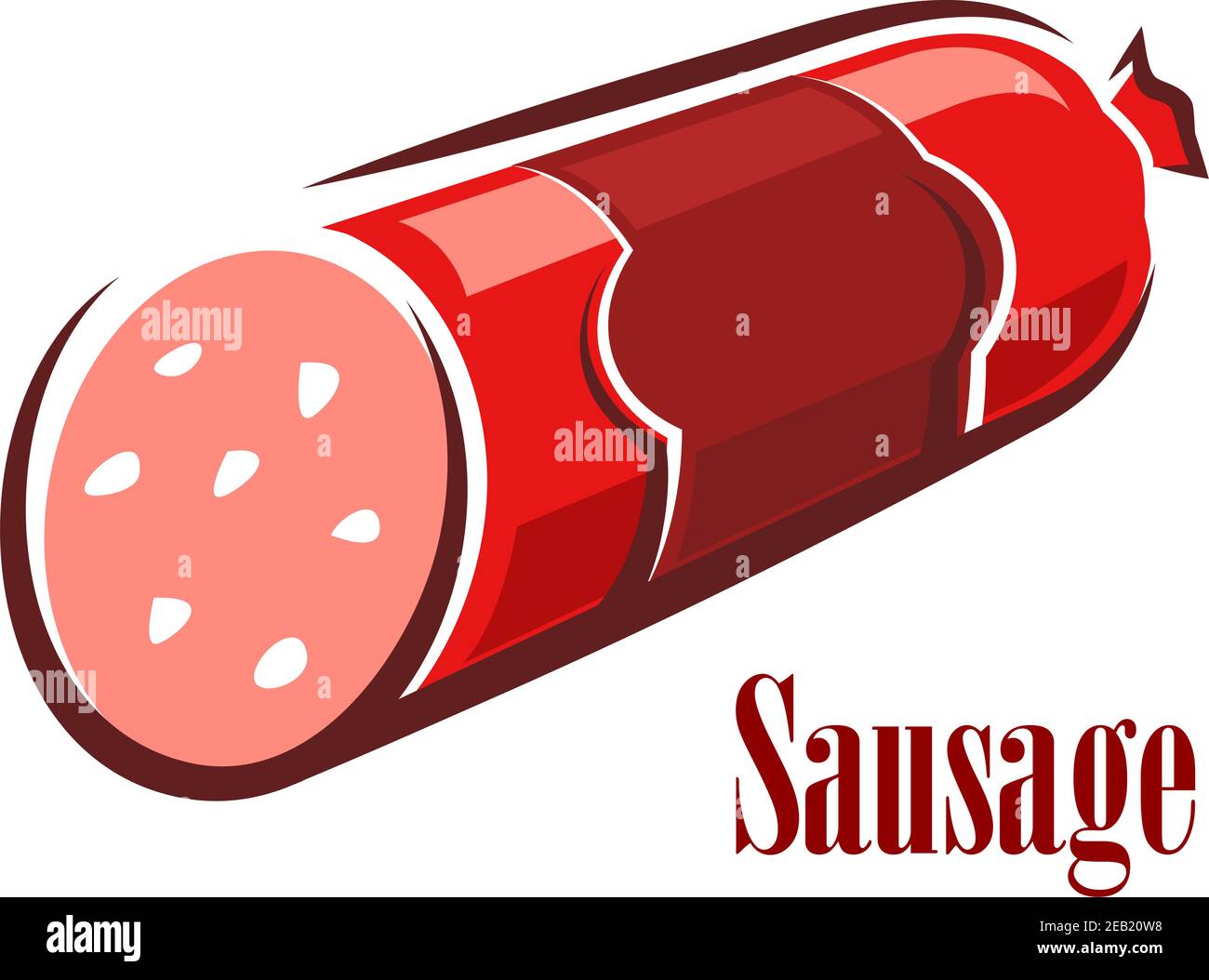 Rote Salami-Wurst im Cartoon-Stil mit Rinderstäbchen wurst im Naturgehäuse und blanko roter Aufkleber isoliert auf Weißer Hintergrund Stock Vektor