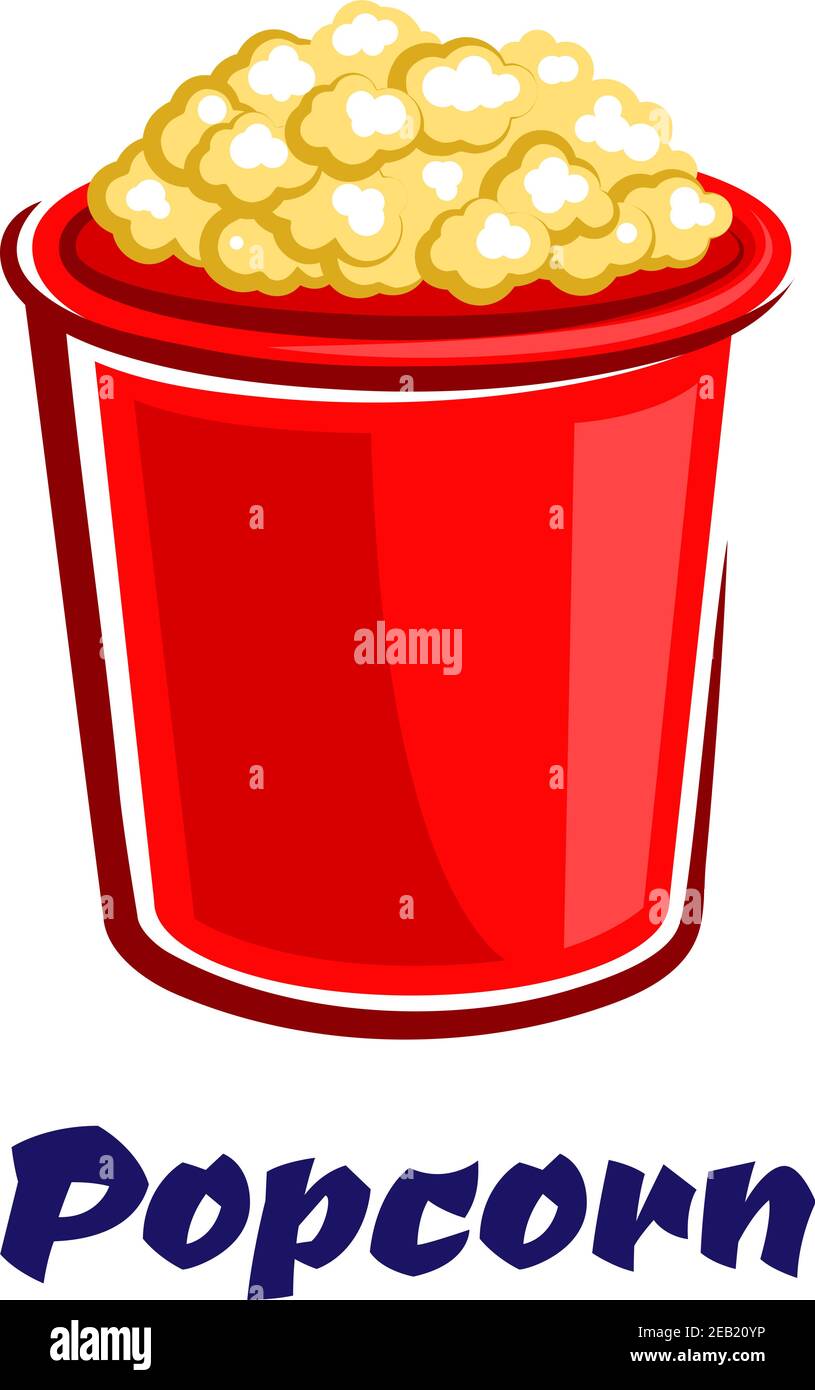 Frisches knuspriges Popcorn in einem großen roten Eimer Cartoon-Stil isoliert auf weißem Hintergrund mit Bildunterschrift Popcorn für Take-away oder Fast Food Cafe des Stock Vektor