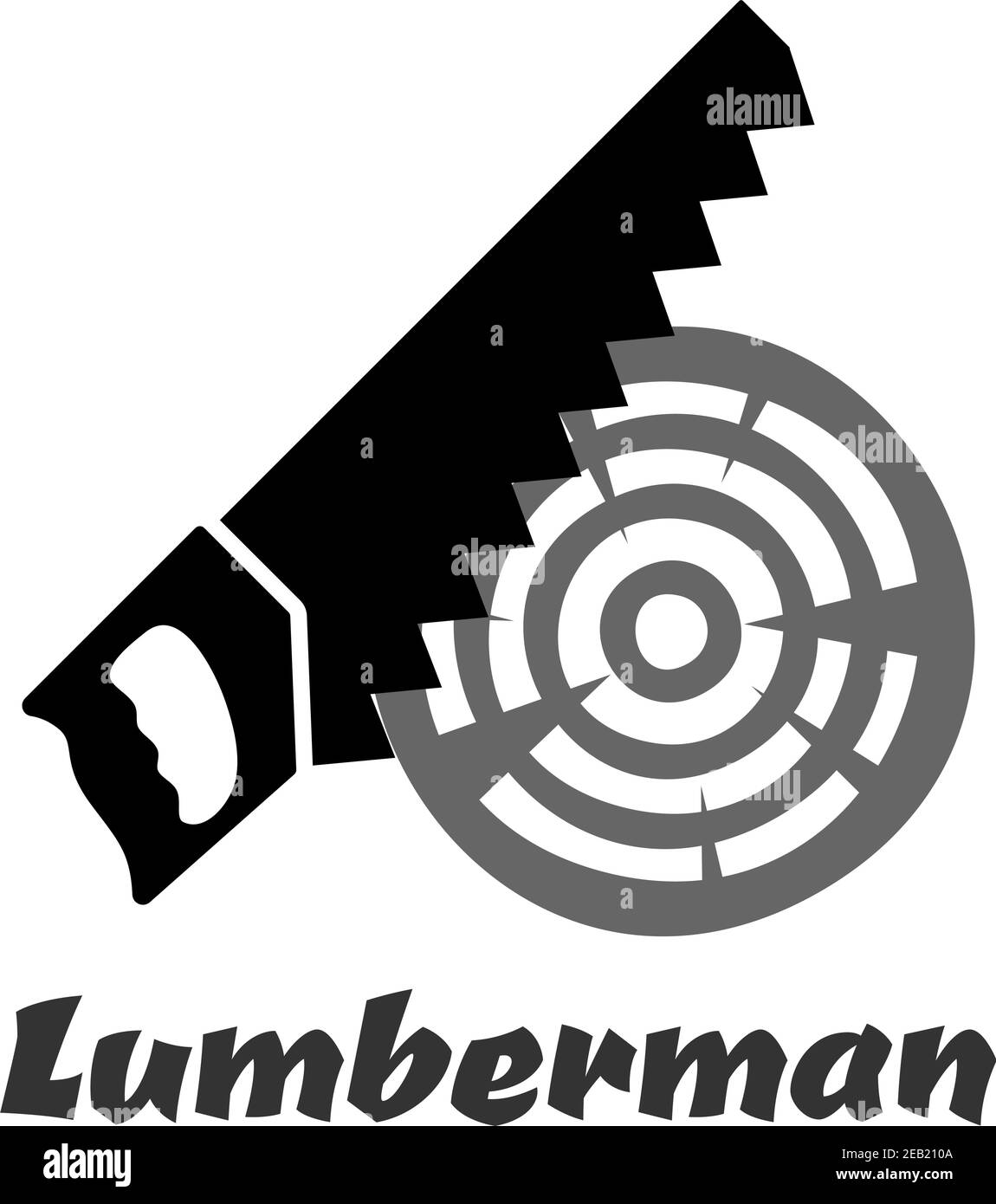 Handsäge schwarze Symbol Silhouette mit einem scharfen gezackten Rand Schneiden Holzlog isoliert auf weißem Hintergrund mit Bildunterschrift Holzfäller Stock Vektor