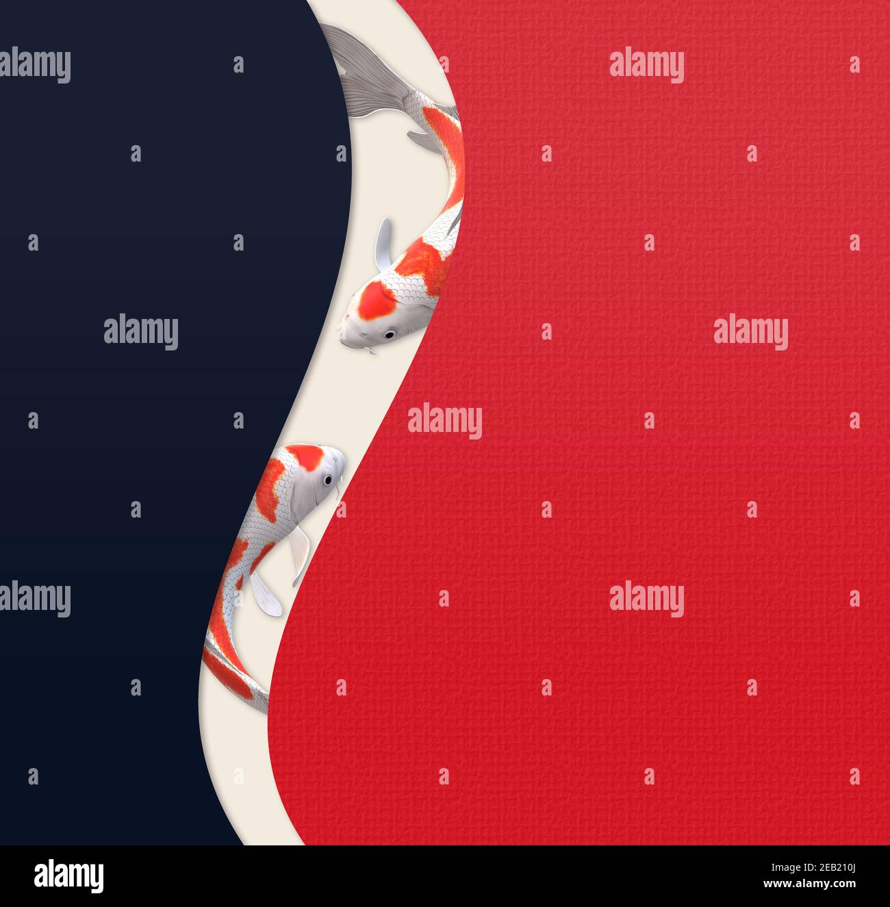 Koi Karpfen Fisch, orientalischen Stil Vorlage. Chinesischer Stil Hintergrund mit Koi Karpfen Fische auf rot blau Kurven Hintergrund. Platz für Text, Abbildung 3D Stockfoto