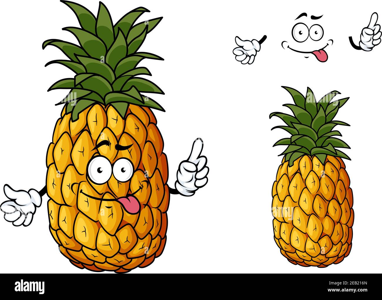 Happy Cartoon Ananas Frucht Charakter ragt aus seiner Zunge winken Eine Hand und zeigt nach oben mit einer zweiten einfachen Variante Mit zusätzlichen Elementen Stock Vektor