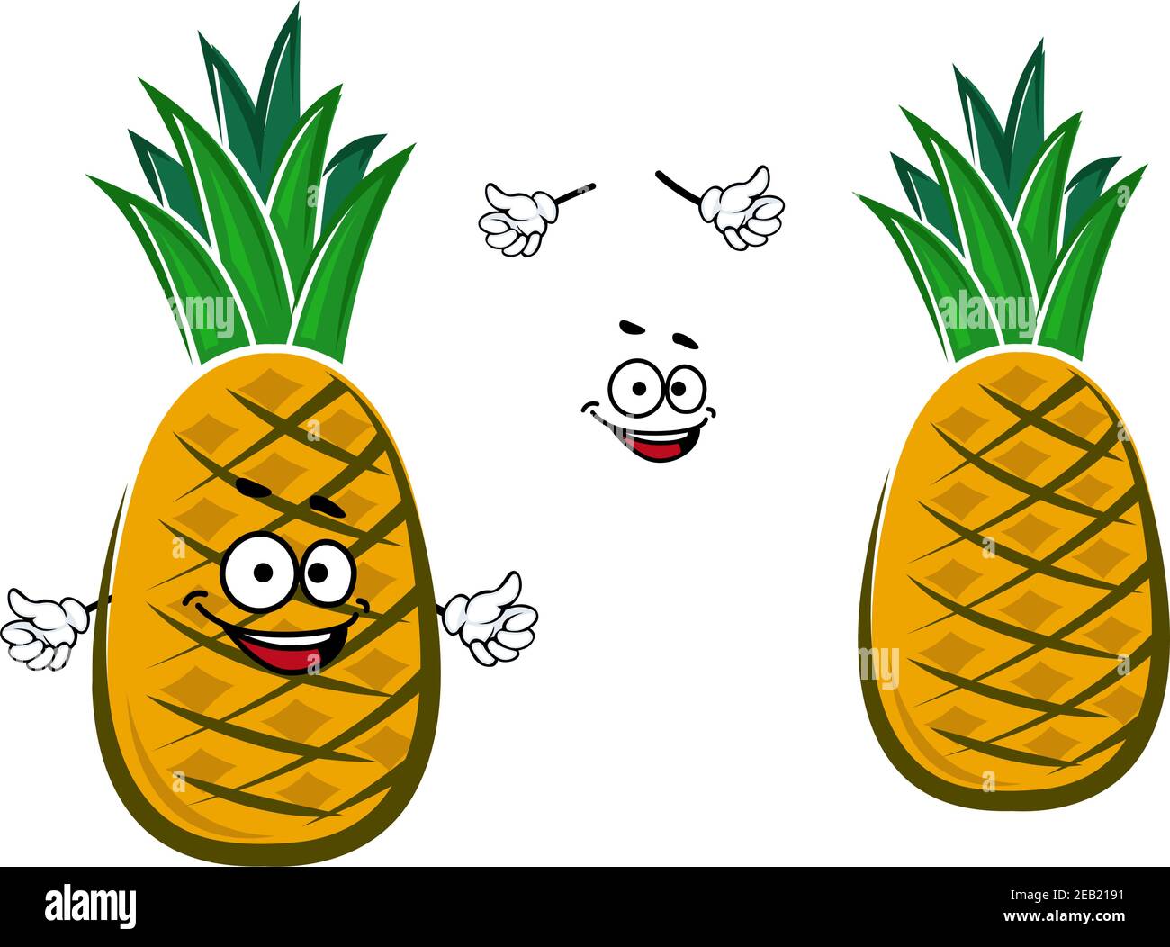 Reife Cartoon gelb tropische Ananas Frucht Charakter mit grünem Büschel Von kurzen engen Blättern auf der Oberseite für eine gesunde Ernährung Oder Dessert-Design Stock Vektor
