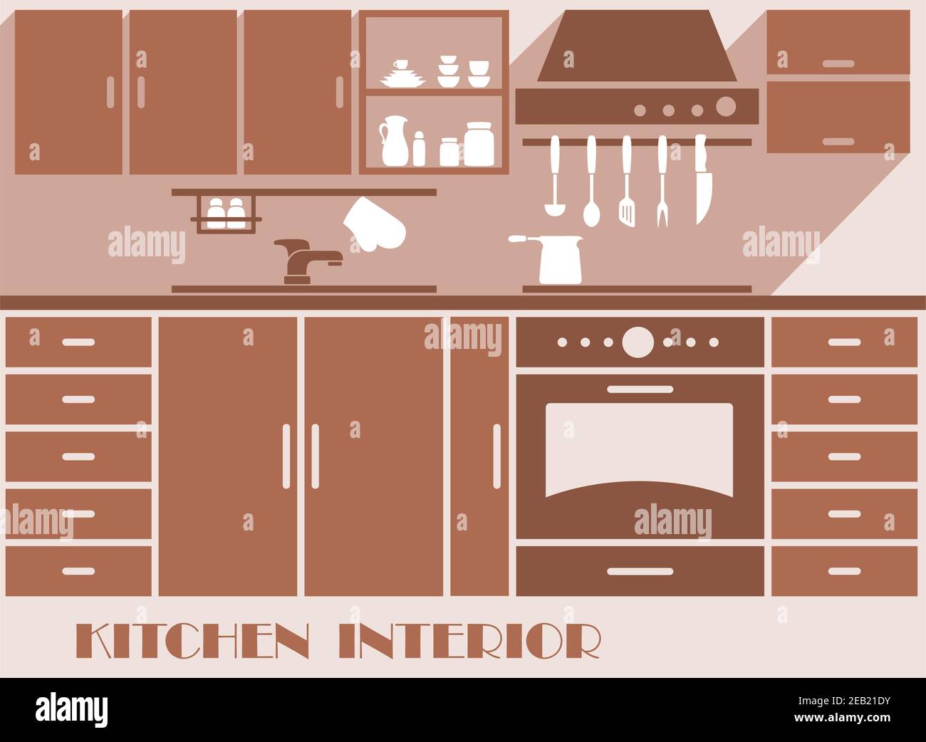 Küche Interior Design Grafik in Brauntönen von A Moderne Einbauküche mit Schränken und Geräten Stock Vektor