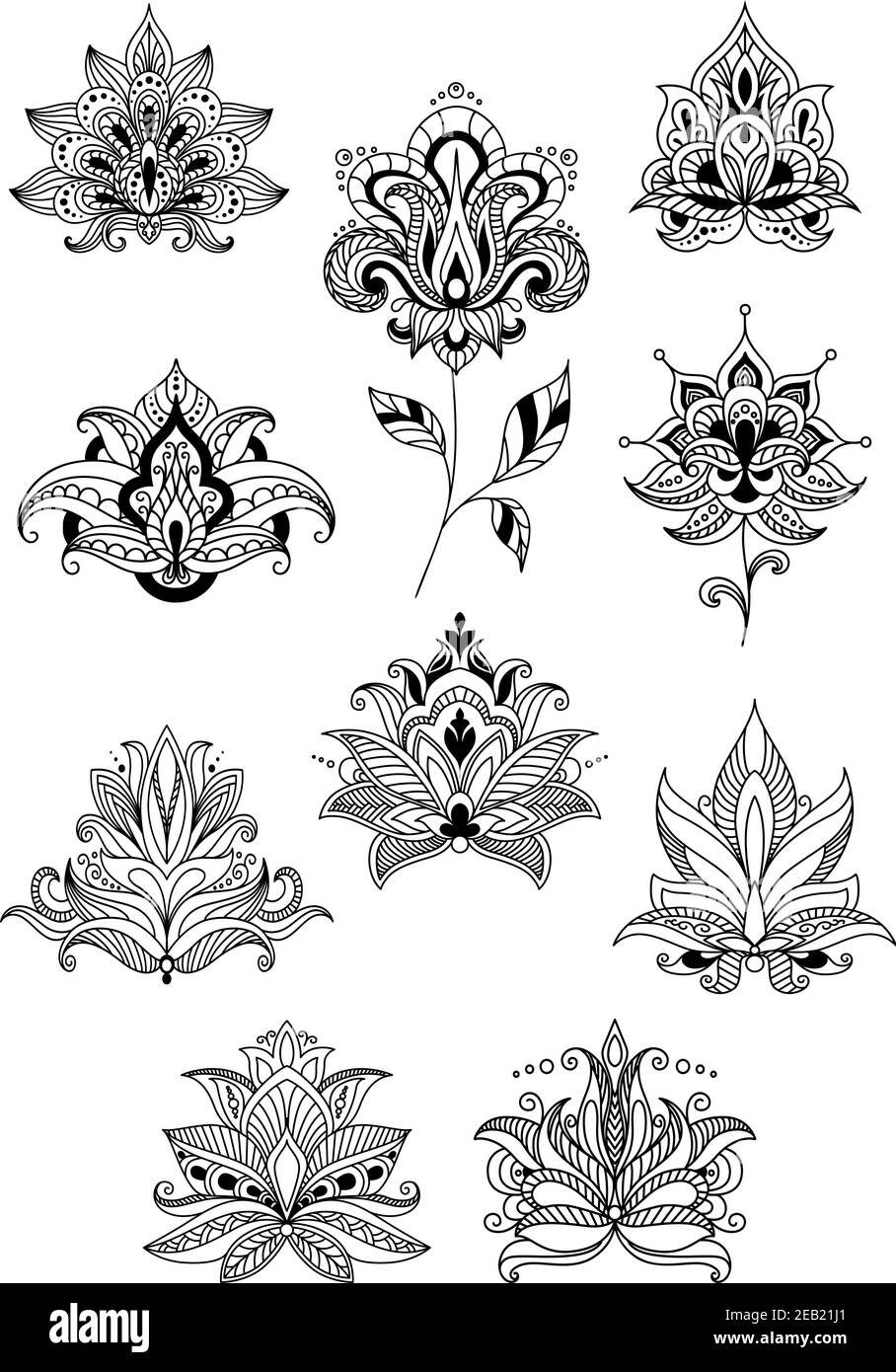 Indische, persische und türkische Paisley-Blumen in Outline-Stil für Design und reich verzierten floralen Ornamenten oder Mustern gesetzt Stock Vektor