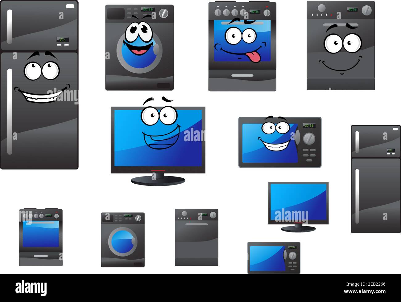 Cartoon elektrische Haushalts- und Küchengeräte mit glücklichen Gesichtern einschließlich Kühlschrank, Herd, Fernseher, Computer, Waschmaschine und Mikrowelle Stock Vektor