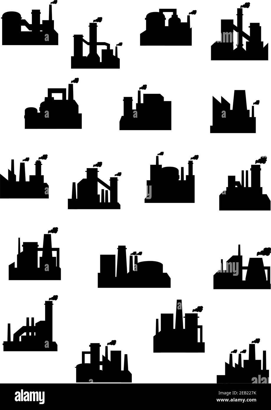 Industriefabriken und Raffinerien Icon Set mit schwarzen Silhouetten von Installationen mit Schornsteinen, die verschmutzenden Rauch aufstoßen Stock Vektor