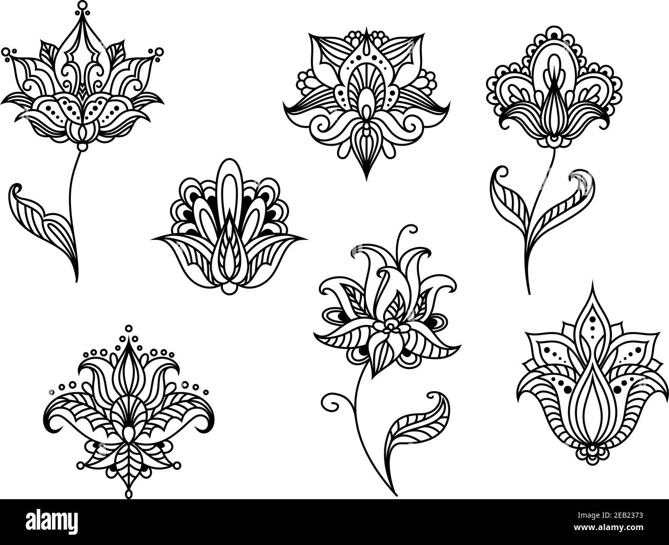 Luftig durchbrochene schwarze florale Design-Elemente im persischen Stil darstellen Abstrakte Paisley-Blüten mit spitzen und abgerundeten Blütenblättern, die gewellt verziert sind Zeilen ein Stock Vektor