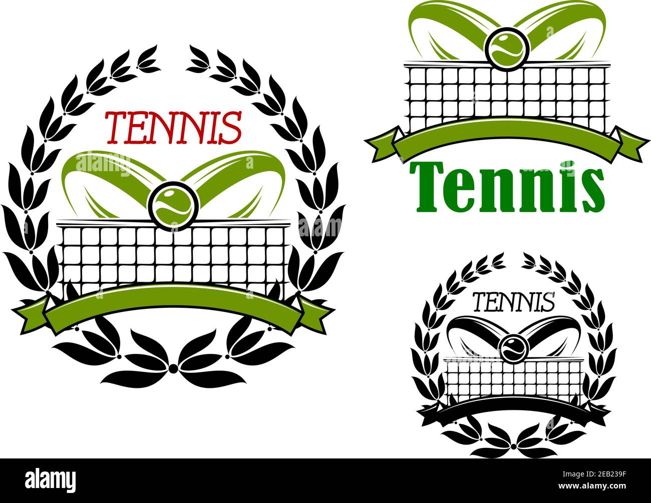 Tennis Sport Spiel Symbole oder Embleme mit fliegenden Ball, Lorbeerkranz und Court Netz Stock Vektor