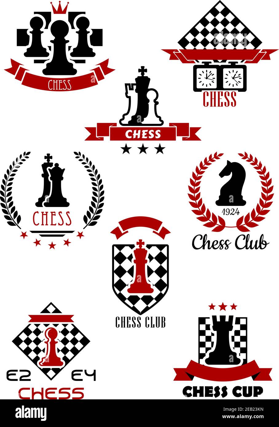 Schwarz und rot Schach Sport Spiel Logos, Etiketten und Symbole für Club, Cup und Turnier Symbol Design Stock Vektor