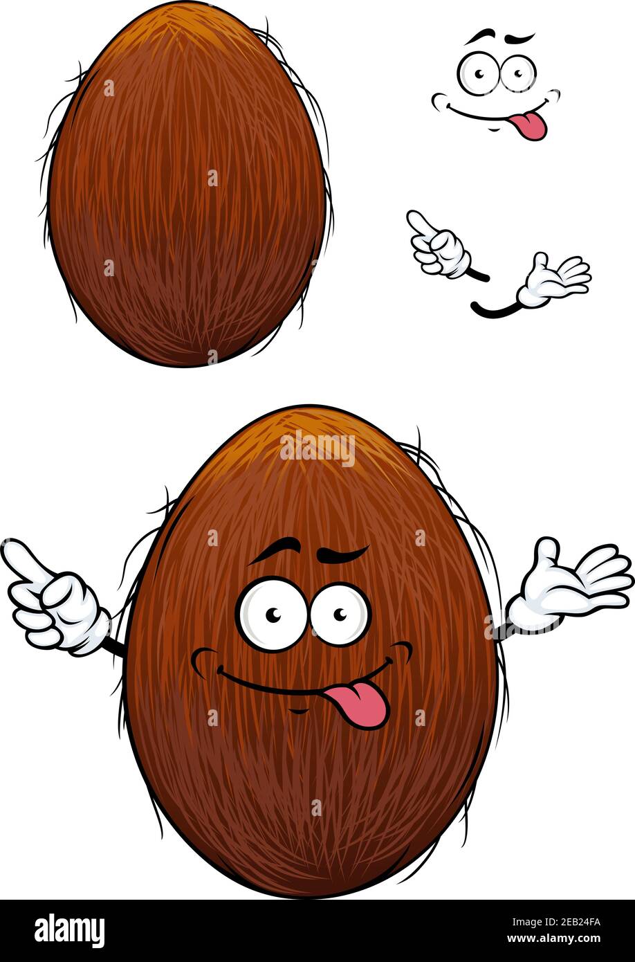 Happy cartoon Kokosnuss mit einem kitschigen Grinsen und seine Zunge und Arme mit einer zweiten Ebene Variante mit kein Gesicht und separate Elemente Cute Stock Vektor