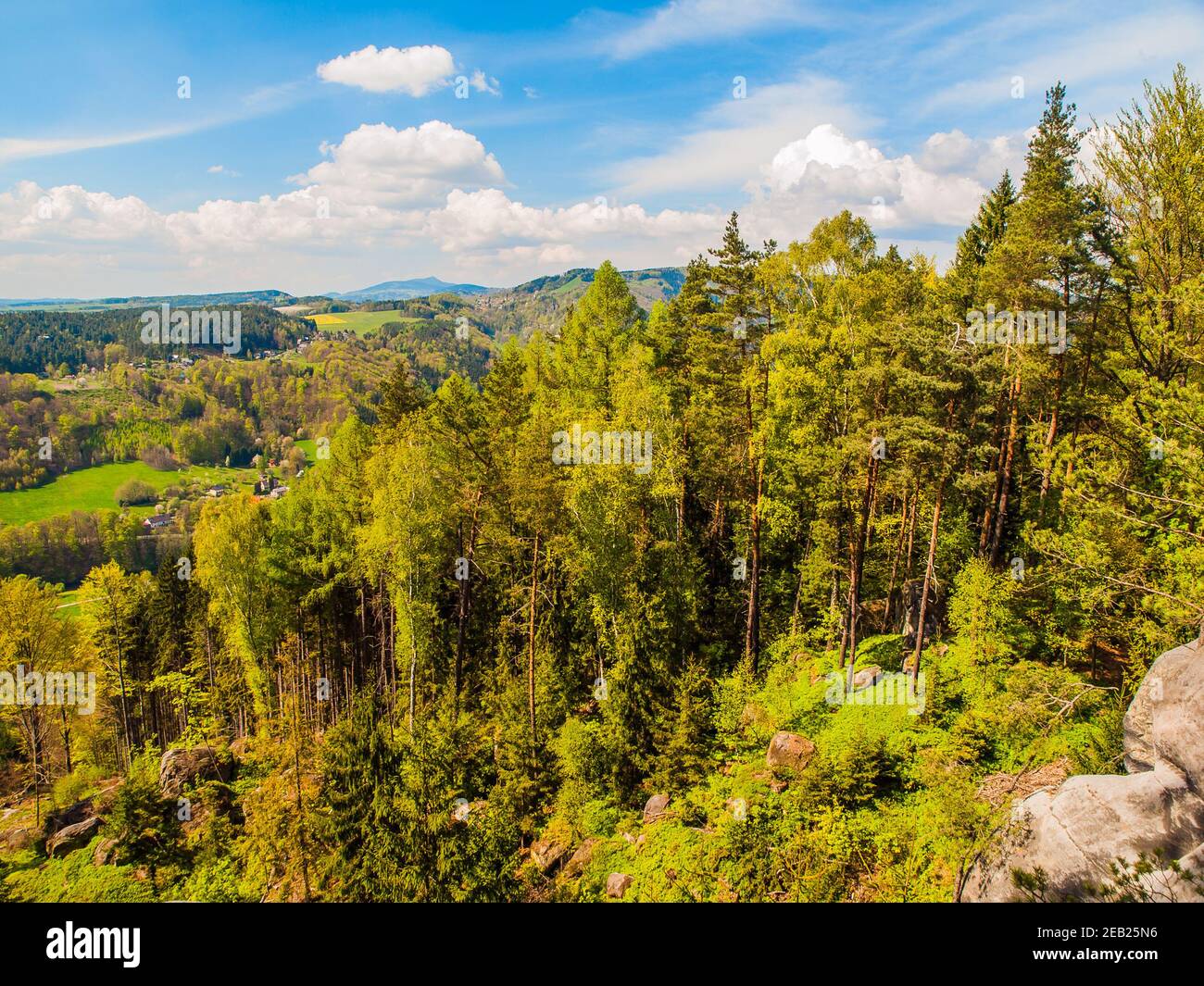Sommerlandschaft mit grünem Wald, Sandsteinfelsen und blauem Himmel mit weißen Wolken, Böhmisches Paradies, aka Cesky Raj, Tschechische Republik, Europa Stockfoto