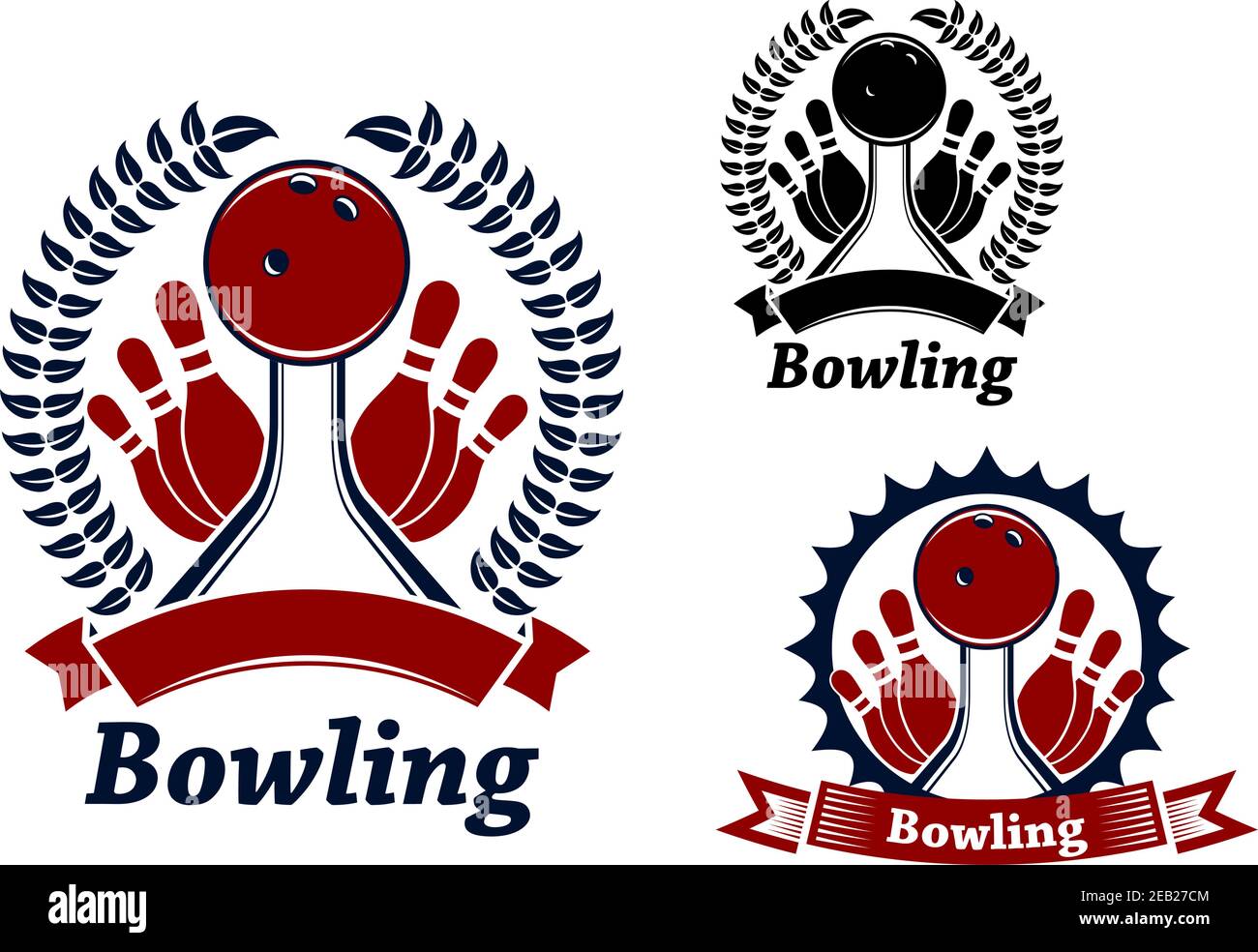 Bowlingkugeln, die auf Bahnen krachen, verzierte Bandbanner, Lorbeerkranz oder Rahmen mit Sonnenstrahlen, für Bowlingclub-Emblem Stock Vektor