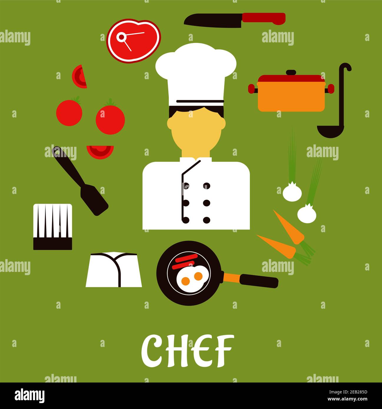 Koch Beruf flach Konzept der Mann in Uniform umgeben von frischen Tomaten, Zwiebeln und Karotten, Bratpfanne mit Eiern und Speck, Messer, Topf Stock Vektor