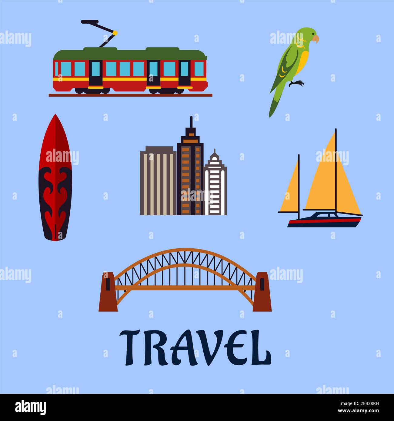 Australisches Reisekonzept mit berühmten Kultur-, Architektur- und Natursymbolen wie Hafenbrücke und Wolkenkratzer, Yacht und Surfbrett, Straßenbahn und Ecle Stock Vektor