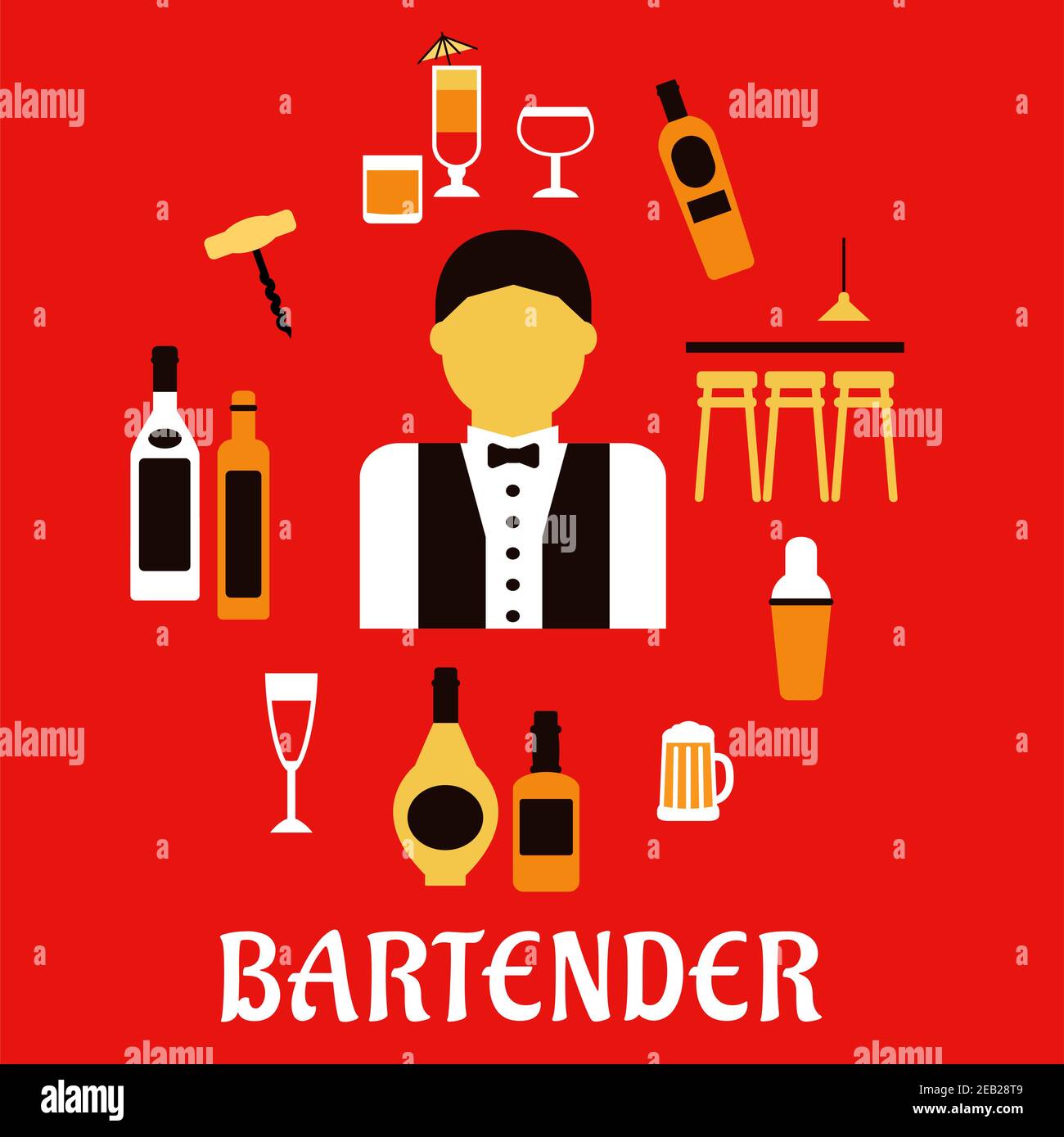 Barkeeper Profession flaches Konzept mit Theke, Alkoholflaschen, Shaker, Korkenzieher, Cocktails, Biertankard, Weinglas und Männchen in Uniform mit b Stock Vektor