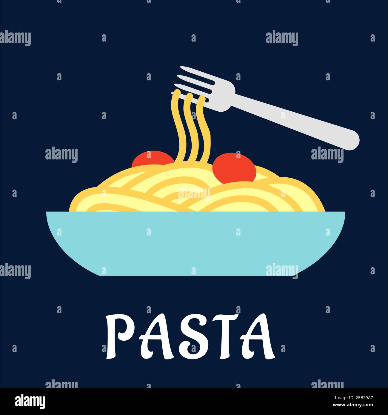 Schüssel gesunde italienische Pasta mit Tomaten und einer Gabel Auf blauem Hintergrund mit dem Wort Pasta unten Stock Vektor
