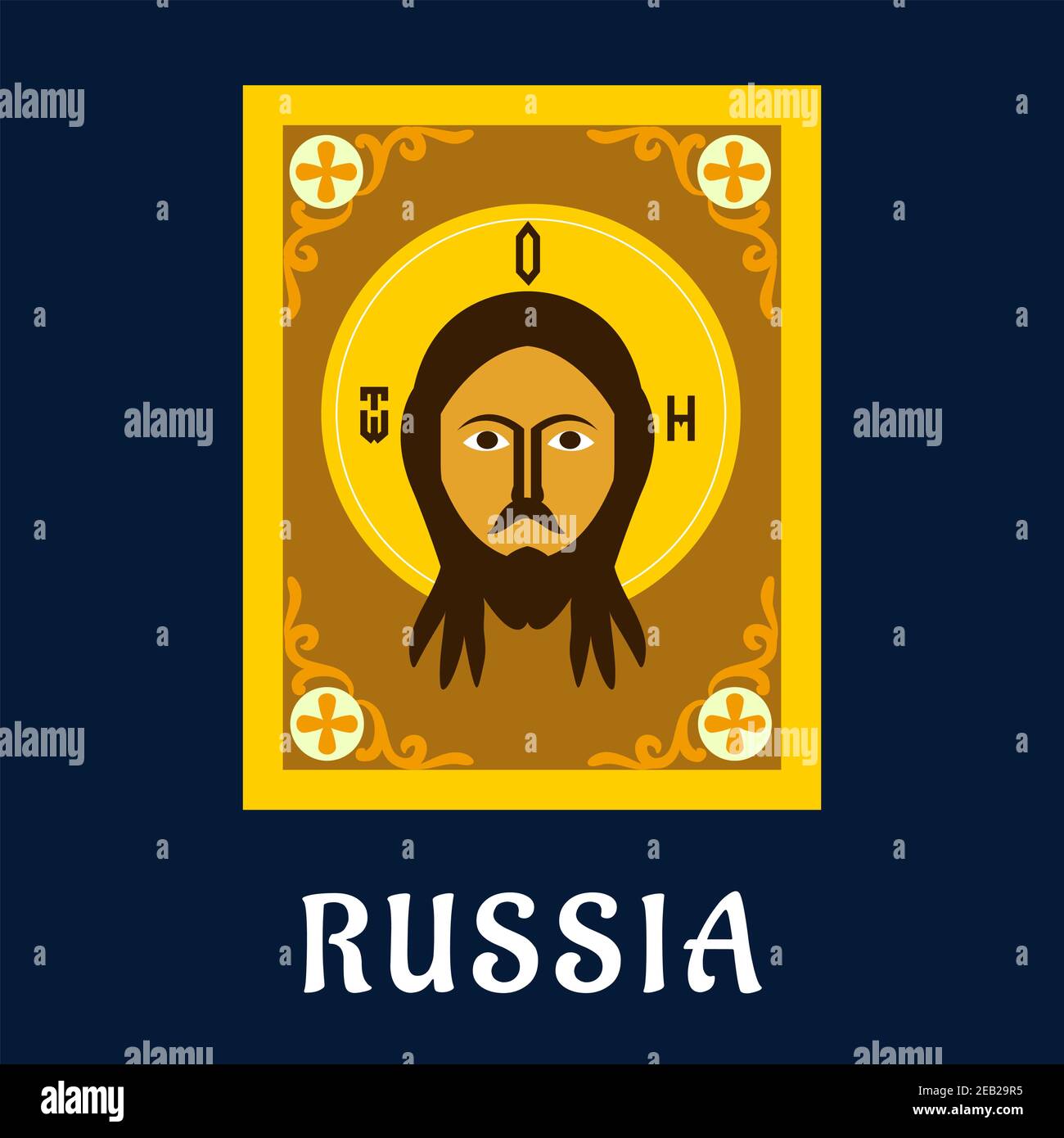 Russische Ikone Symbol im flachen Stil mit Jesus Christus goldene Ikone im traditionellen Stil, florale Ornamente an den Ecken auf blauem Hintergrund für Geschichte o Stock Vektor