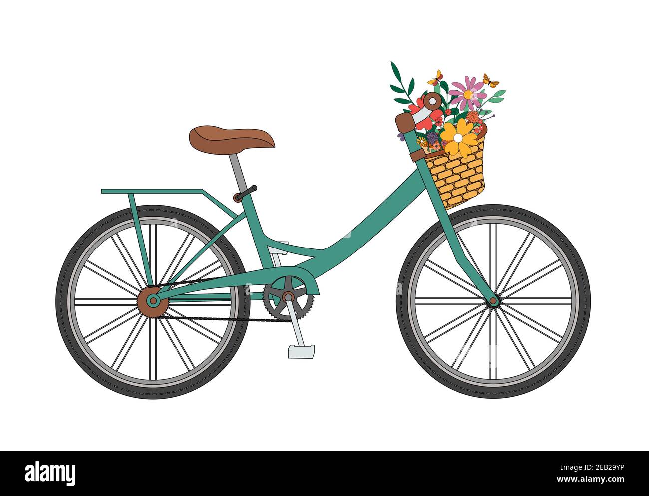 Fahrrad mit einem Blumenstrauß aus Frühlingsblumen. Vektorgrafik. EPS10 Stock Vektor