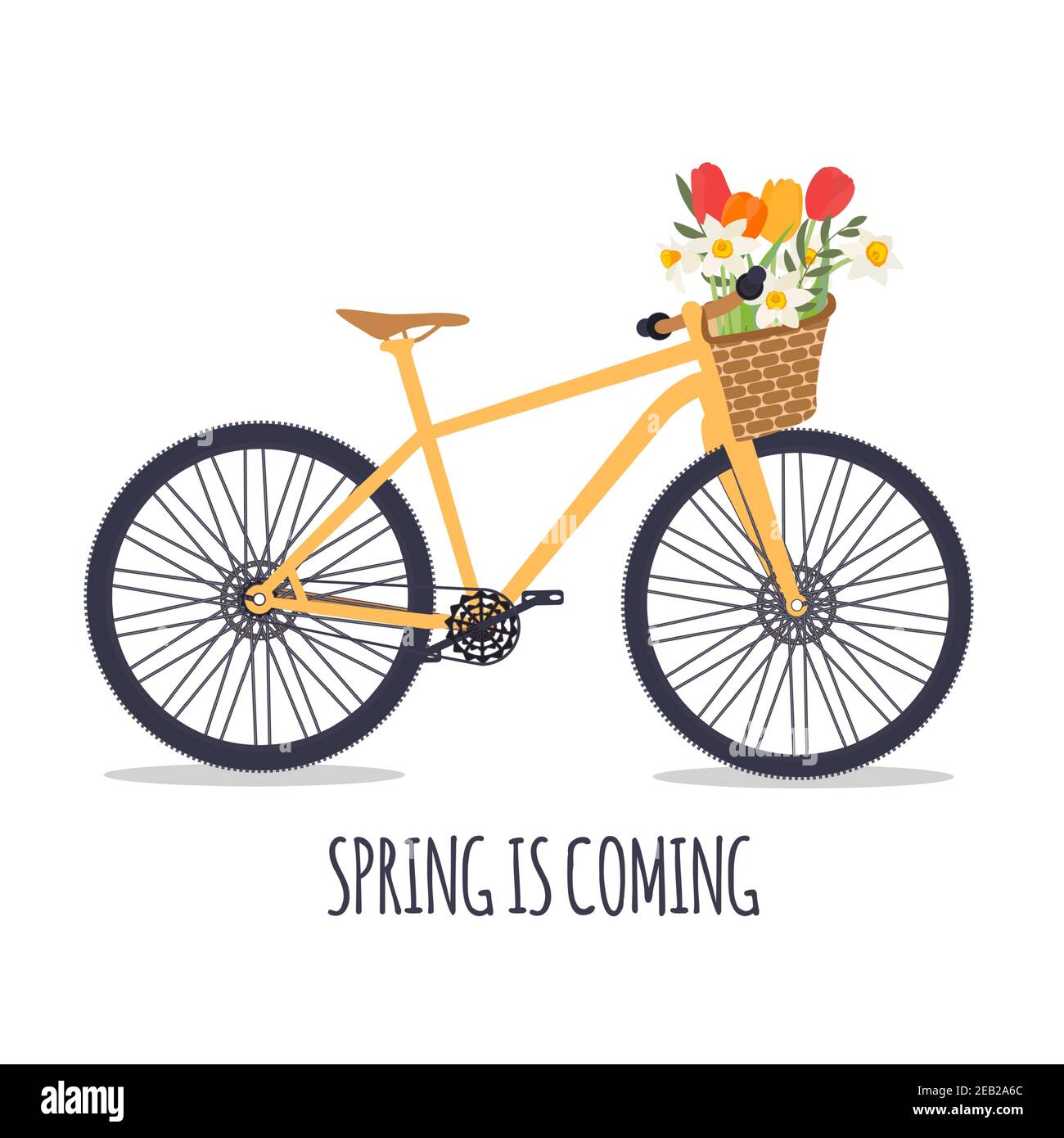 Fahrrad mit einem Blumenstrauß aus Frühlingsblumen. Vektorgrafik. EPS10 Stock Vektor