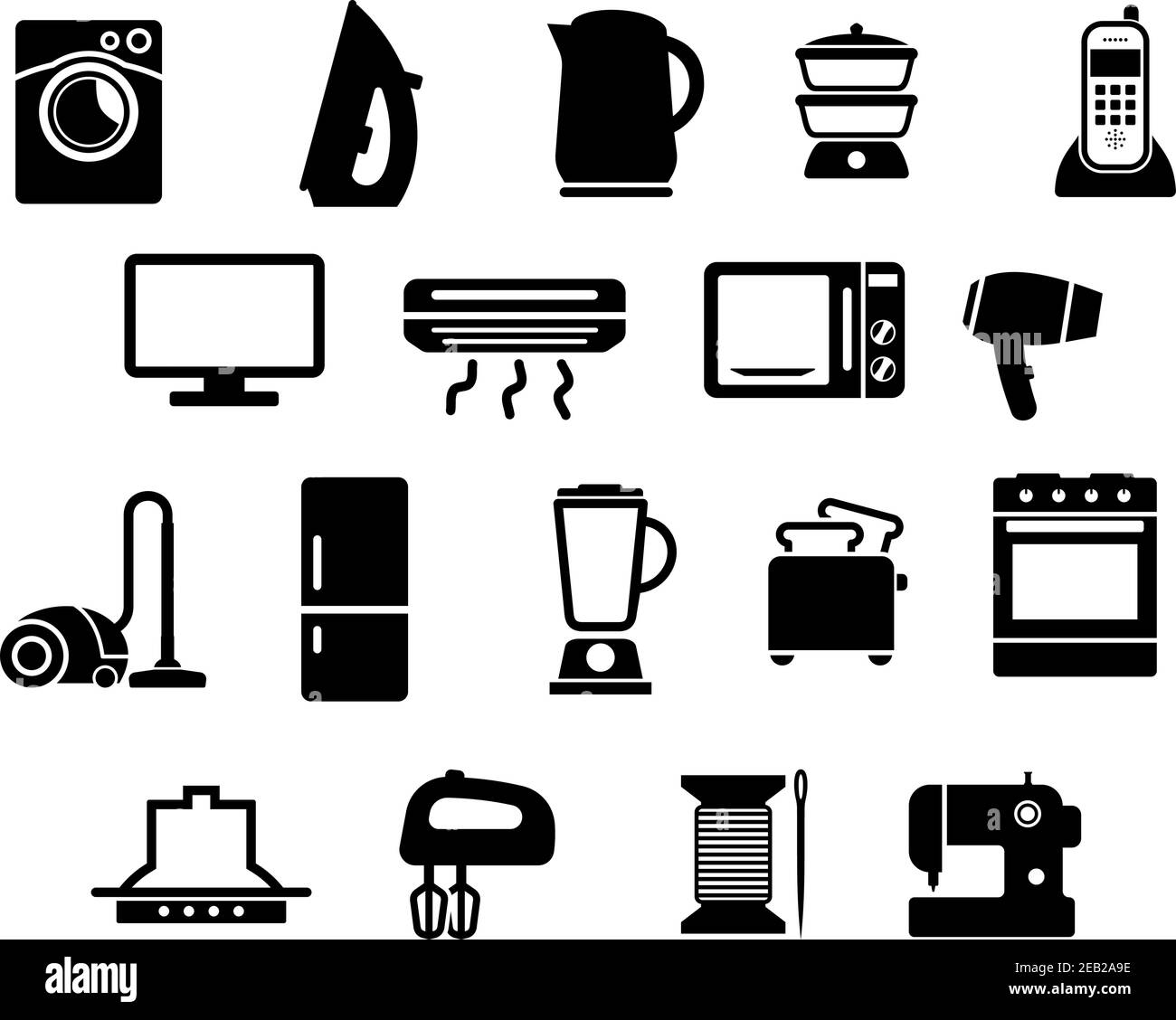 Wasch- und Nähmaschinen, Bügeleisen, Wasserkocher, Dampfgarer, Telefon, tv, Klimaanlage, Mikrowelle Haartrockner, Staubsauger Kühlschrank Mixer Toaster Herd, Stock Vektor