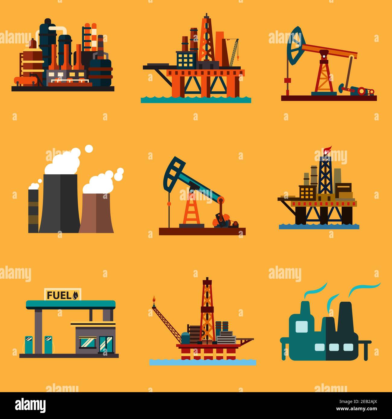 Symbole der Erdölindustrie in flachem Stil mit Offshore-Ölplattformen, Ölpumpenhebern, Ölraffinerien, thermischen Kraftwerken und Tankstellen Stock Vektor