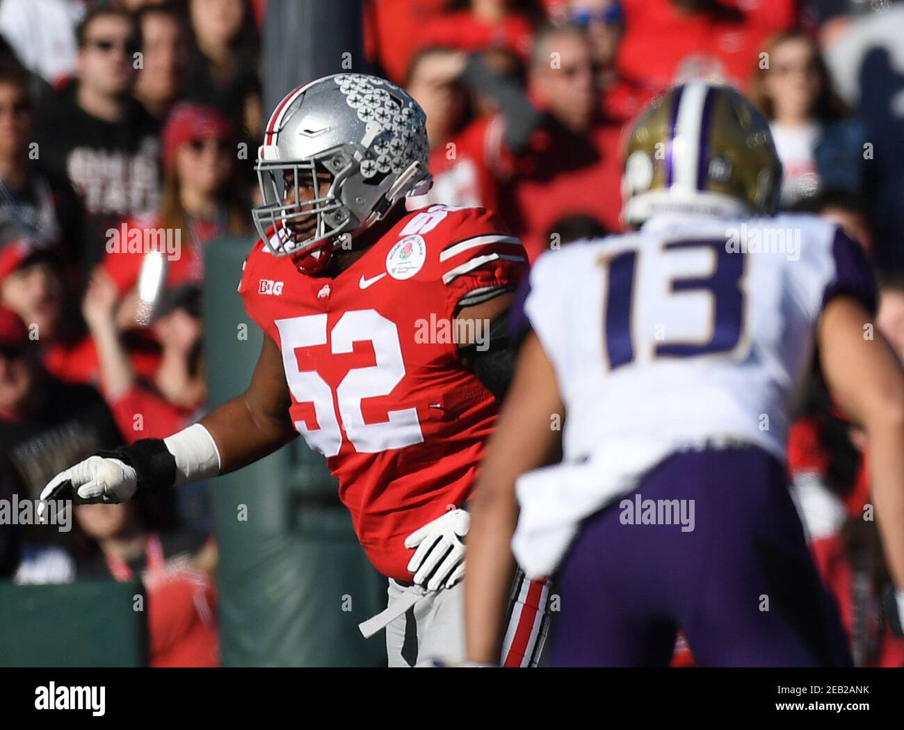 (DATEI FOTOS).ehemalige Ohio State Buckeys (52) Wyatt Davis wird voraussichtlich in der 1st oder 2nd Runde des 2021 NFL Draft gehen, hier ist er am 1. Januar 2019 im Vergleich zu den Washington Huskies, der NFL Draft wird in Cleveland, Ohio am 29. April 2021 stattfinden. (Obligatorische Gutschrift: Jose/MarinMedia.org/Cal Sport Media) (absoluter vollständiger Fotograf und Credits erforderlich) Stockfoto