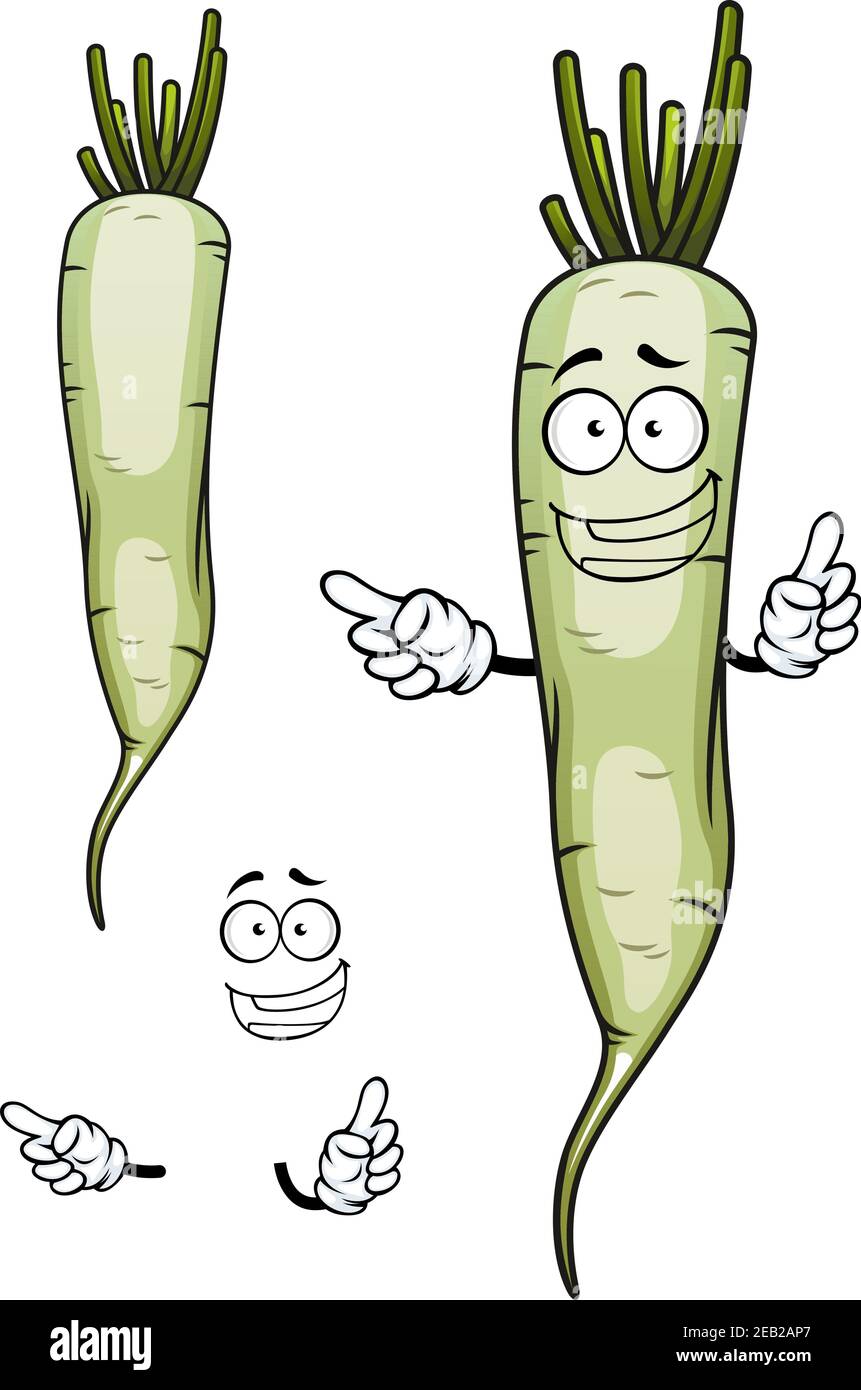 Happy Daikon oder weiß Rettich Gemüse Cartoon-Charakter mit Wurzel und grün sappy Haul, für die Landwirtschaft Design Stock Vektor