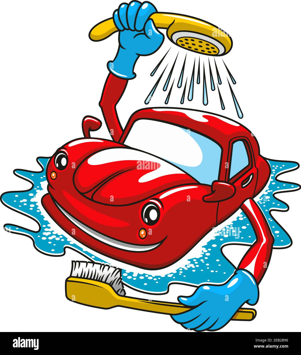 Cartoon glücklich roten Auto Charakter Waschen mit Pinsel und Dusche. Für  Car Service Design Stock-Vektorgrafik - Alamy