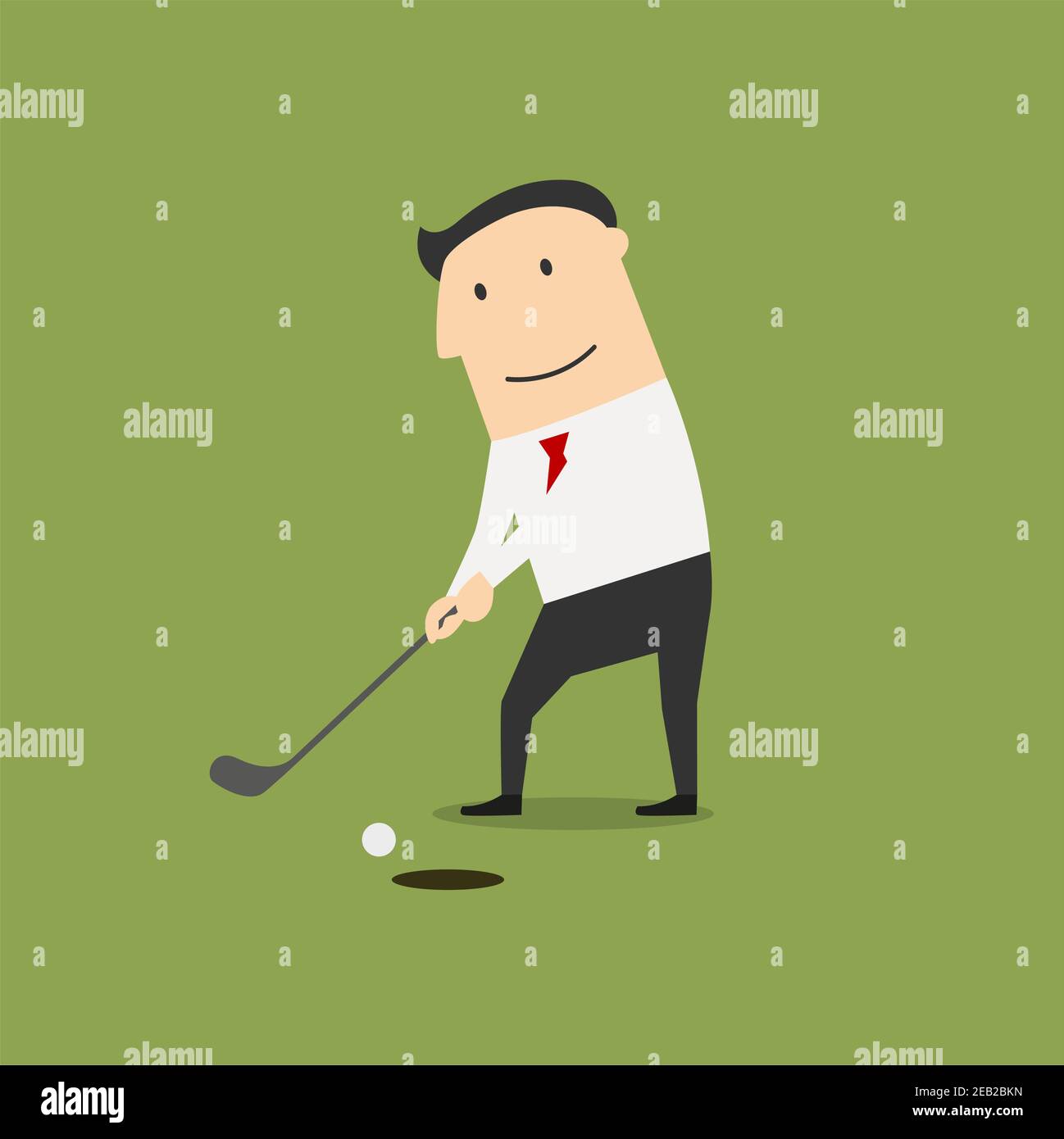 Erfolgreicher Geschäftsmann Golfer Putting Ball in ein Loch auf dem Goldfeld. Flacher Cartoon-Stil Stock Vektor