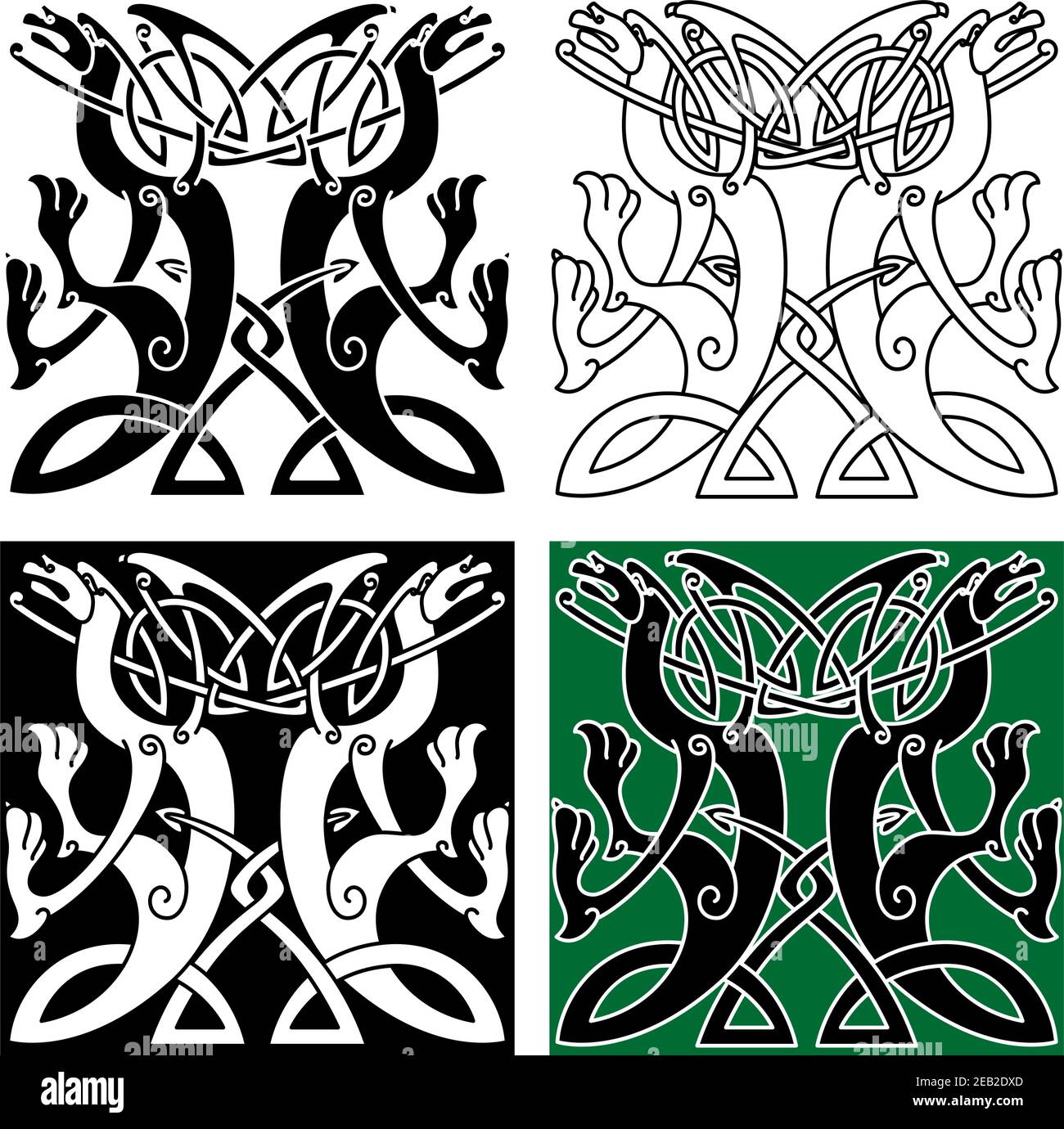 Tribal Drachen Ornament mit verflochtenen Flügeln und Schwänze angeordnet in Traditionelles keltisches Knotenmuster Stock Vektor