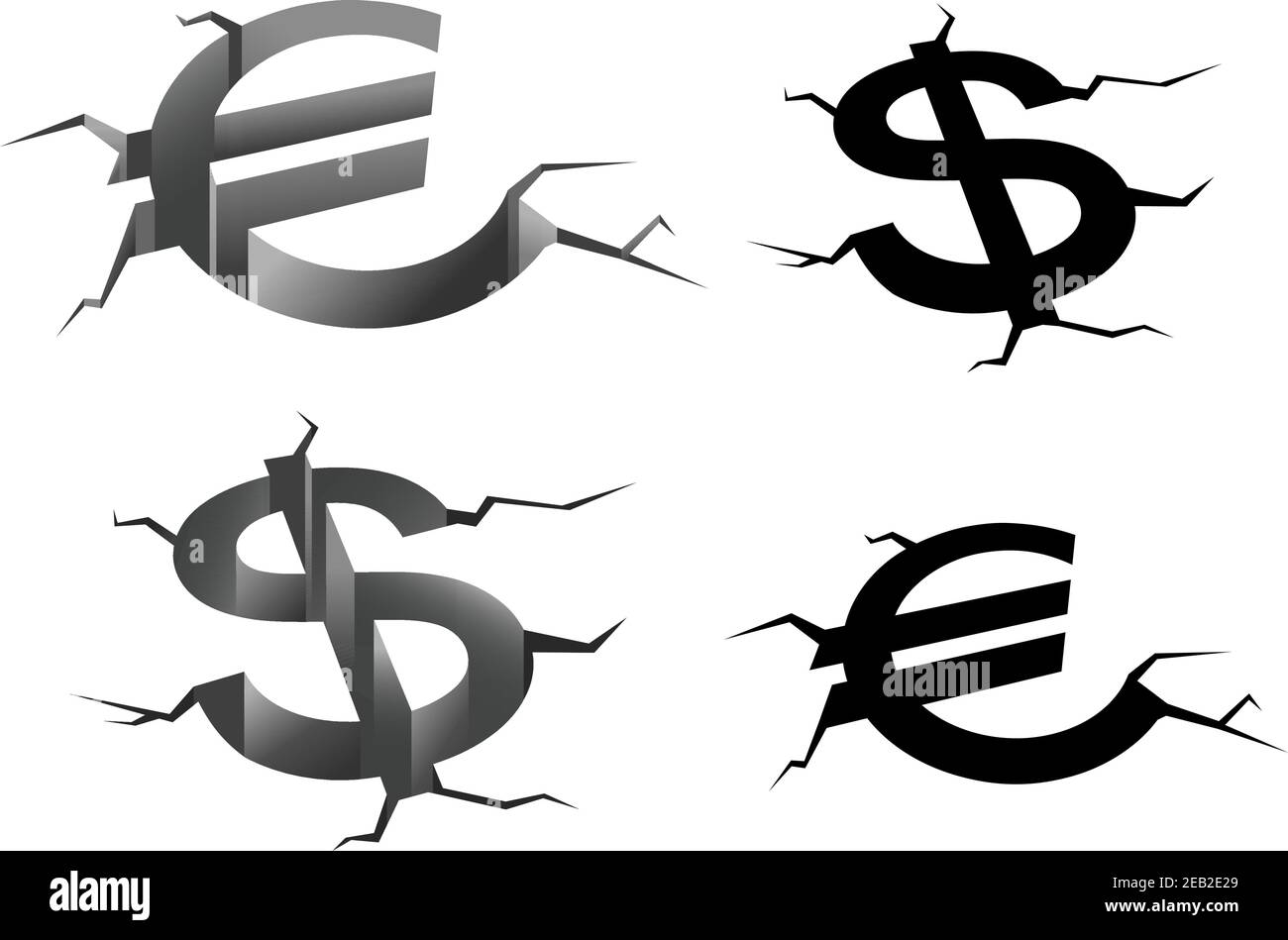 Dollar- und Euro-Geldsymbole in Erdspalten isoliert auf weißem Hintergrund, für Finanzkrise oder fallende Zinsen Konzept Stock Vektor