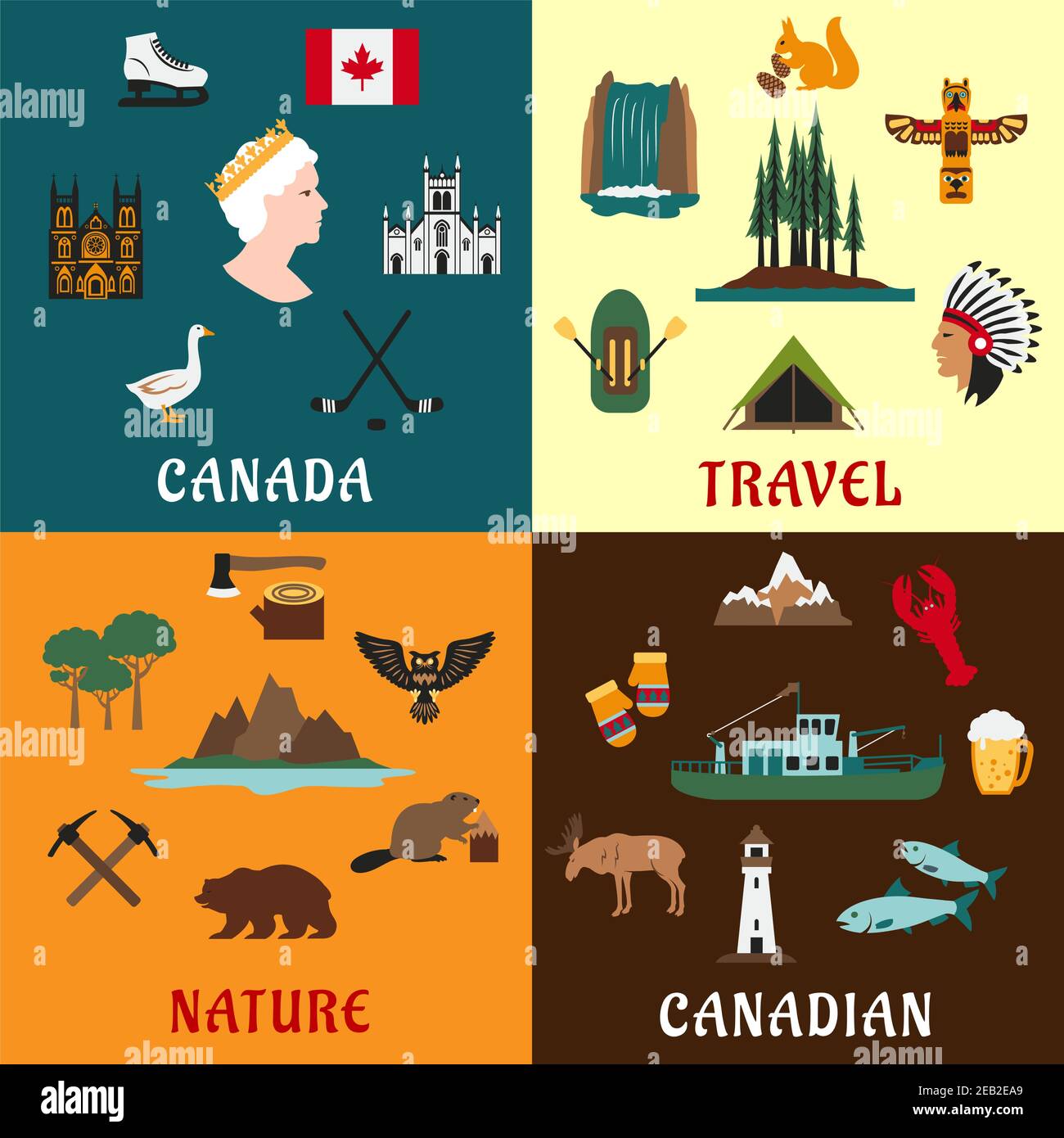 Kanadische Reisesymbole und Naturdenkmäler mit Nationalflagge, Fischerei- und Holzindustrie, Hockey, Wald, Wasserfall, Bergen, Aborigines-Kultur Stock Vektor