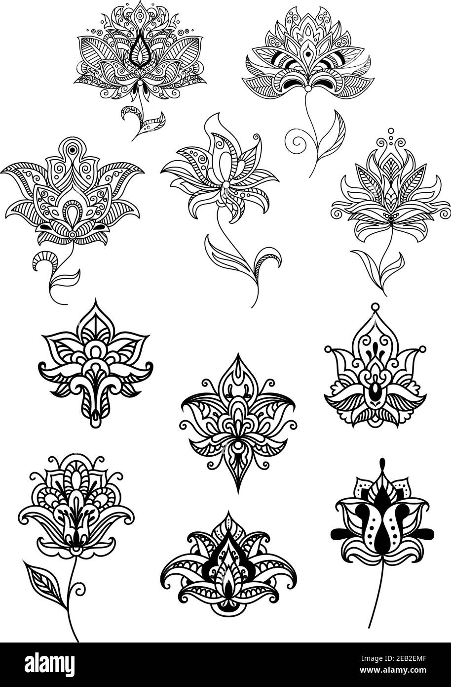 Persische und indische stilisierte Paisleyblumen im Umrissstil, geschmückt mit welligen Linien, Curlicues und ornamentalen Elementen. Für Innenausstattung oder lac Stock Vektor