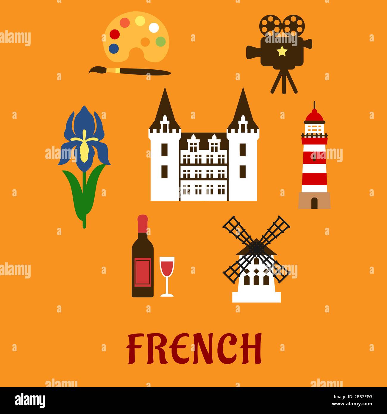 Französische nationale flache Ikonen mit elegantem Schloss, umgeben von einer Flasche Rotwein mit Glas, Windmühle, Filmprojektor, Leuchtturm, Farbpalette, roya Stock Vektor