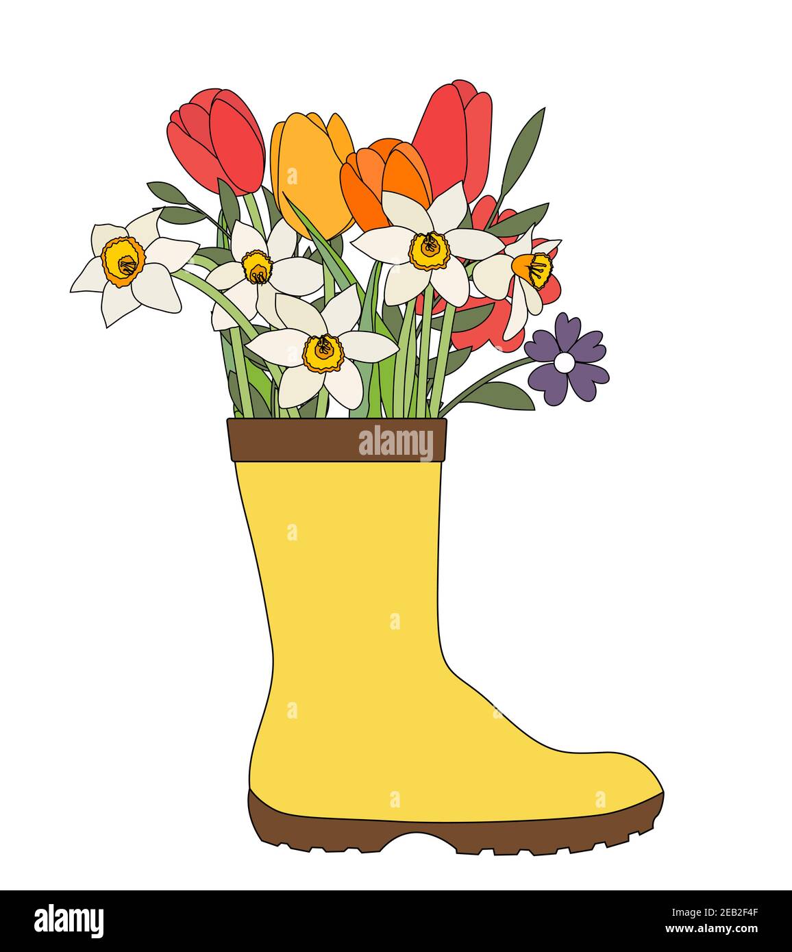 Gartenstiefel mit Blumen Tulpen und Narzissen. Federkonzept. Vektorgrafik. EPS10 Stock Vektor