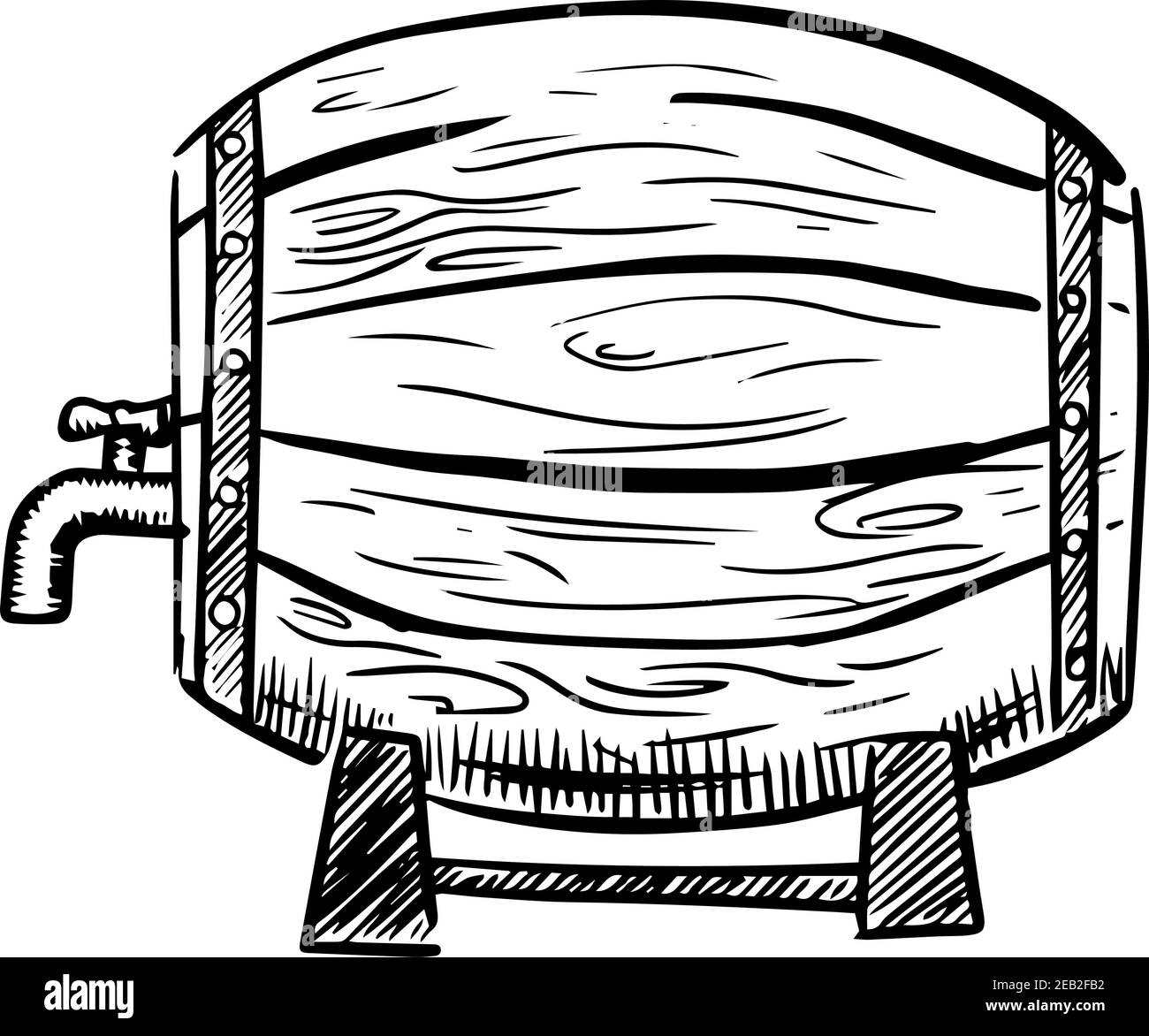 Altes Holzweinfass auf Regalen mit Metallreifen und einem Hahn im Skizzenstil, isoliert auf weißem Hintergrund Stock Vektor
