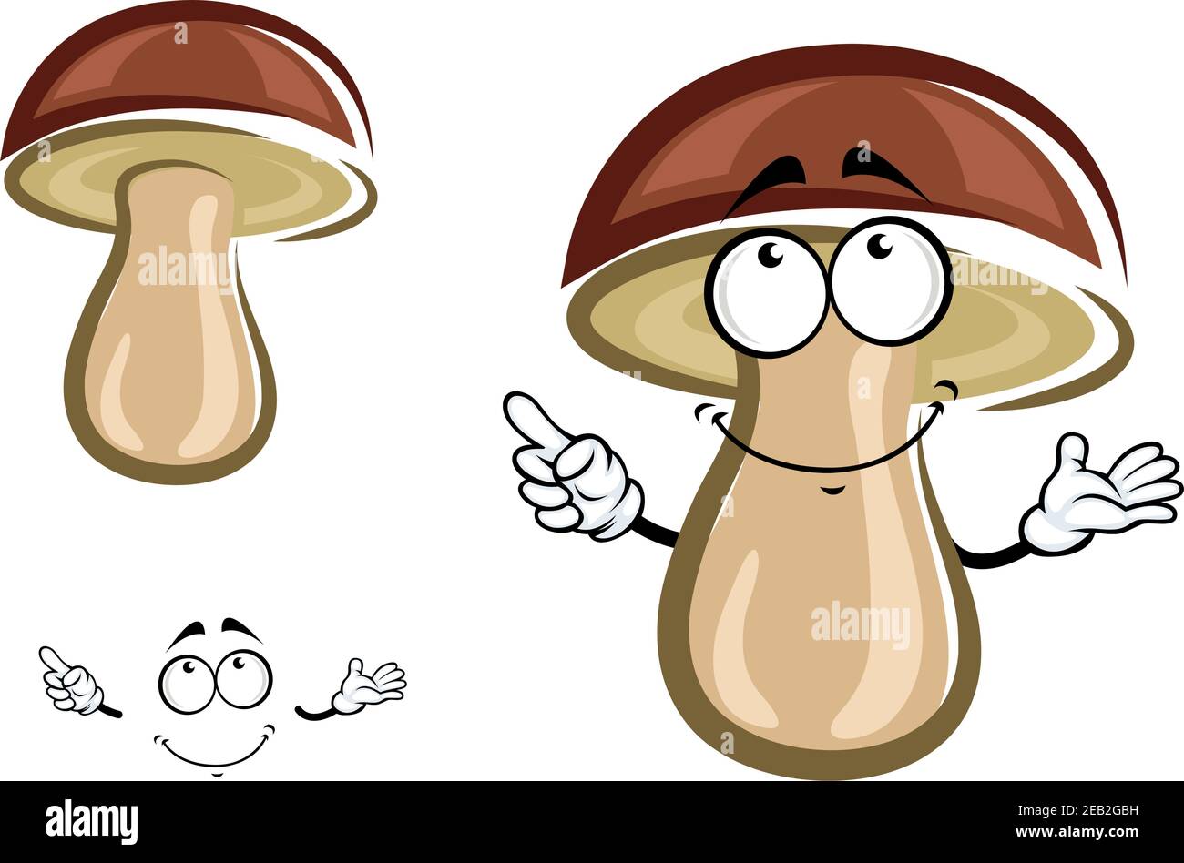 Wald Birke Pilz Cartoon-Figur mit braunen Hut schüchtern Lächeln Isoliert auf weißem Hintergrund Stock Vektor