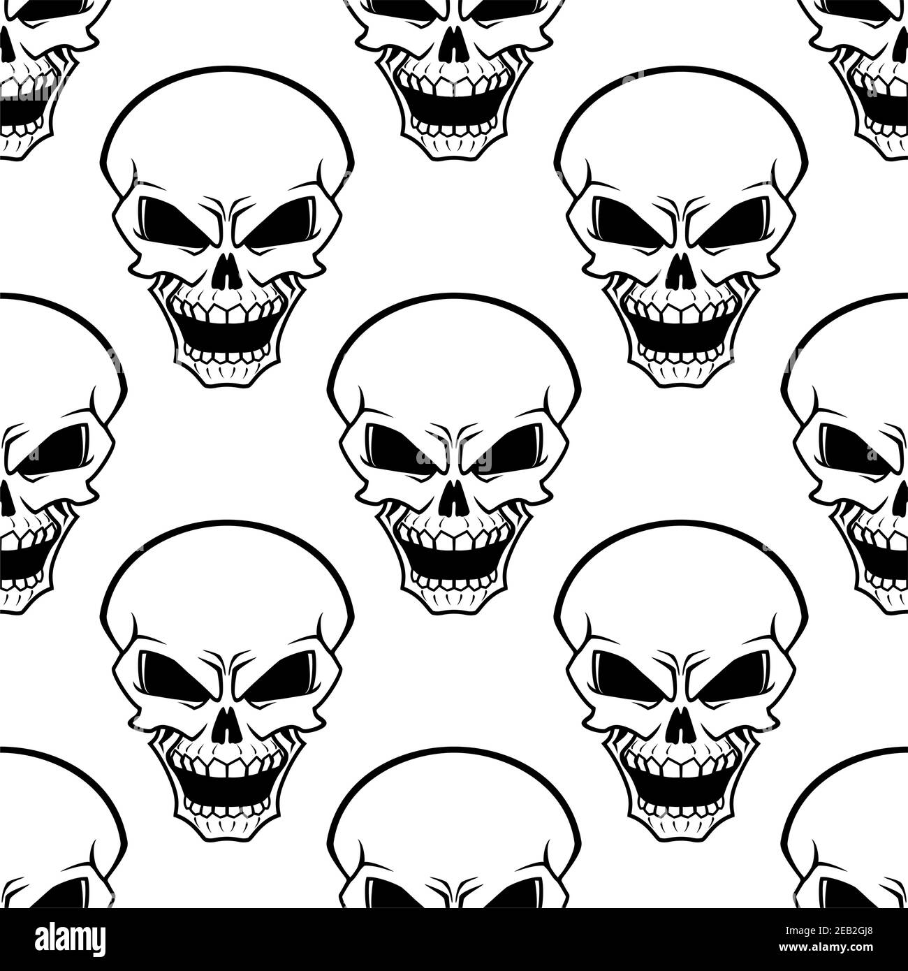 Böse menschliche Schädel nahtloses Muster mit aggressiven Grimassen auf weißem Hintergrund, für halloween-Design Stock Vektor