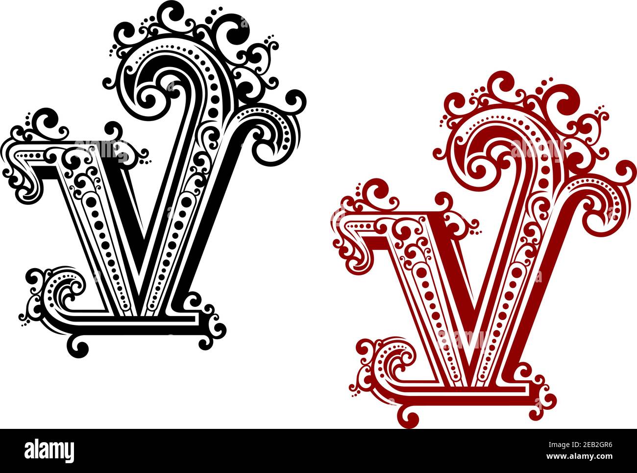 Dekorativer Großbuchstabe V mit vintage kalligrafischen Elementen und floralen ornamentalen Curlicues, in roten und schwarzen Farbvariationen. Für Monogramm oder INI Stock Vektor