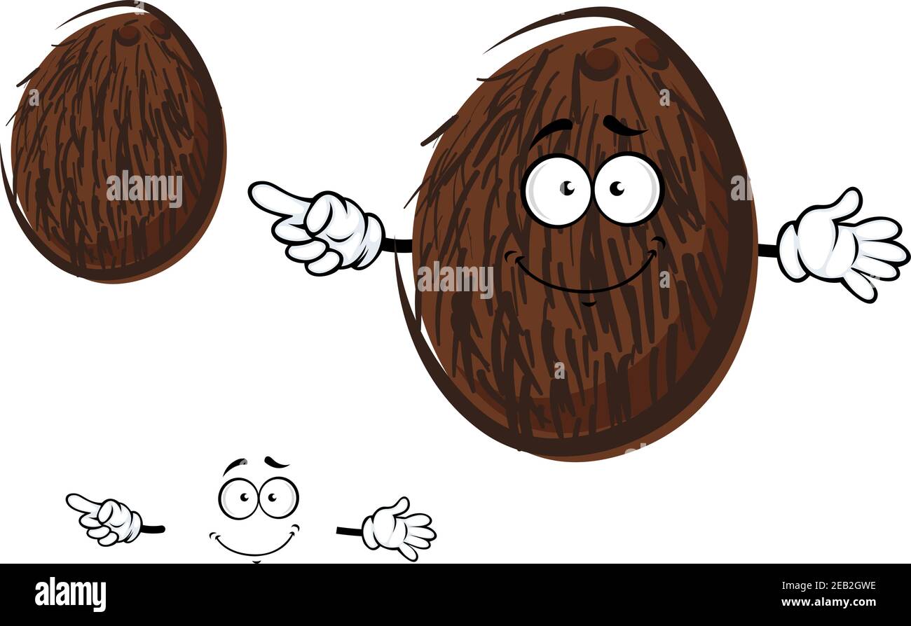 Cartoon tropische Kokosnussfrucht Charakter mit braunen Kokokastanienfasern und fröhlichem Lächeln, für Landwirtschaft oder Food Design Stock Vektor