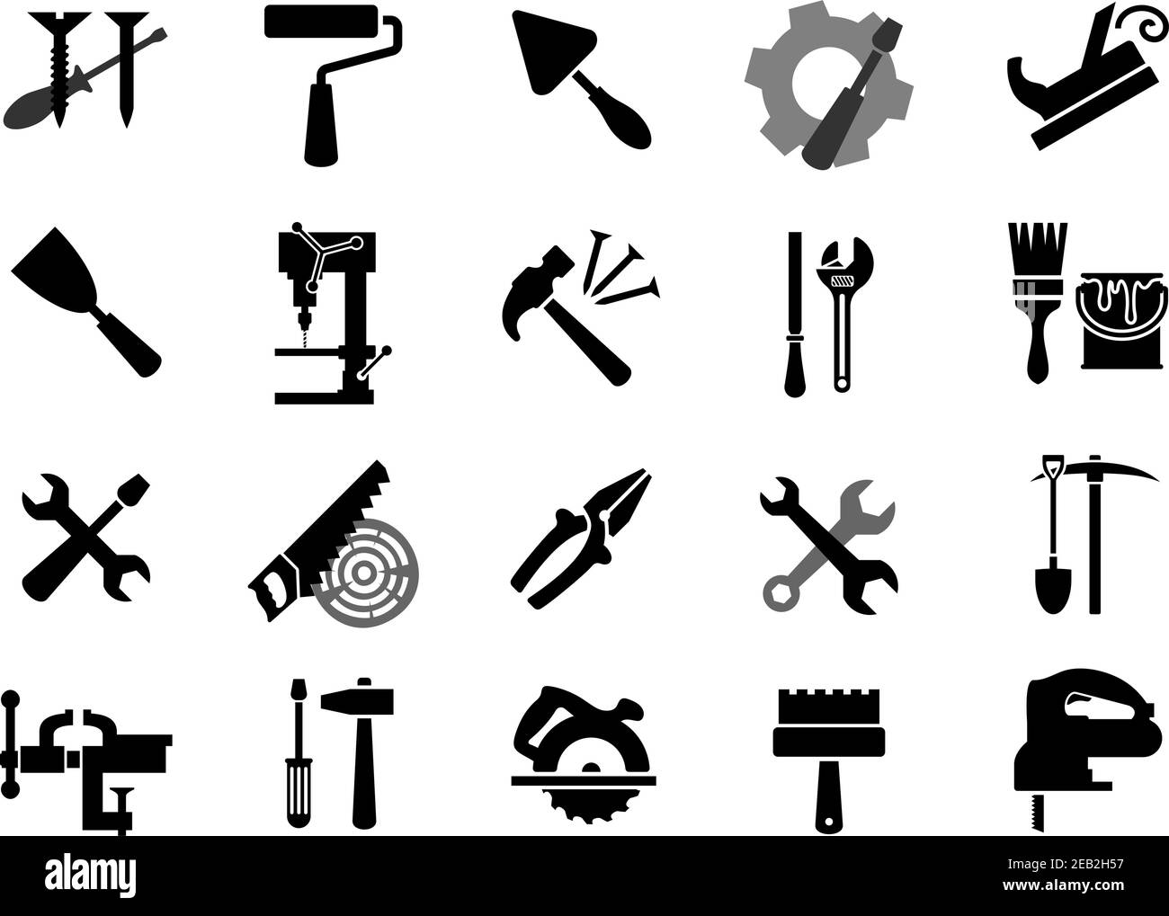 Schwarze Symbole von Schraubendreher, Schraubenschlüssel, Farbrolle und Bürste, Kelle, Wagenheber, Hammer, Zange, Säge, Raspel Bohrpresse, Spitzbacke Schaufel, Schraubstock Gehrung Stock Vektor