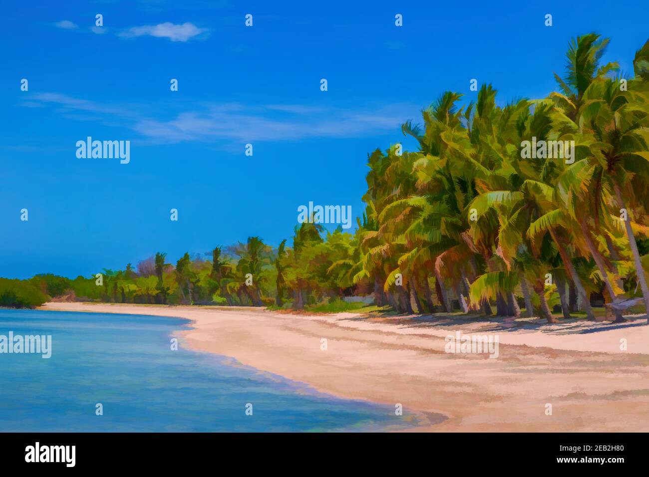 Digitale Malerei von Nalamu Beach, von Palmen, unter einem blauen Himmel, Fidschi. Stockfoto