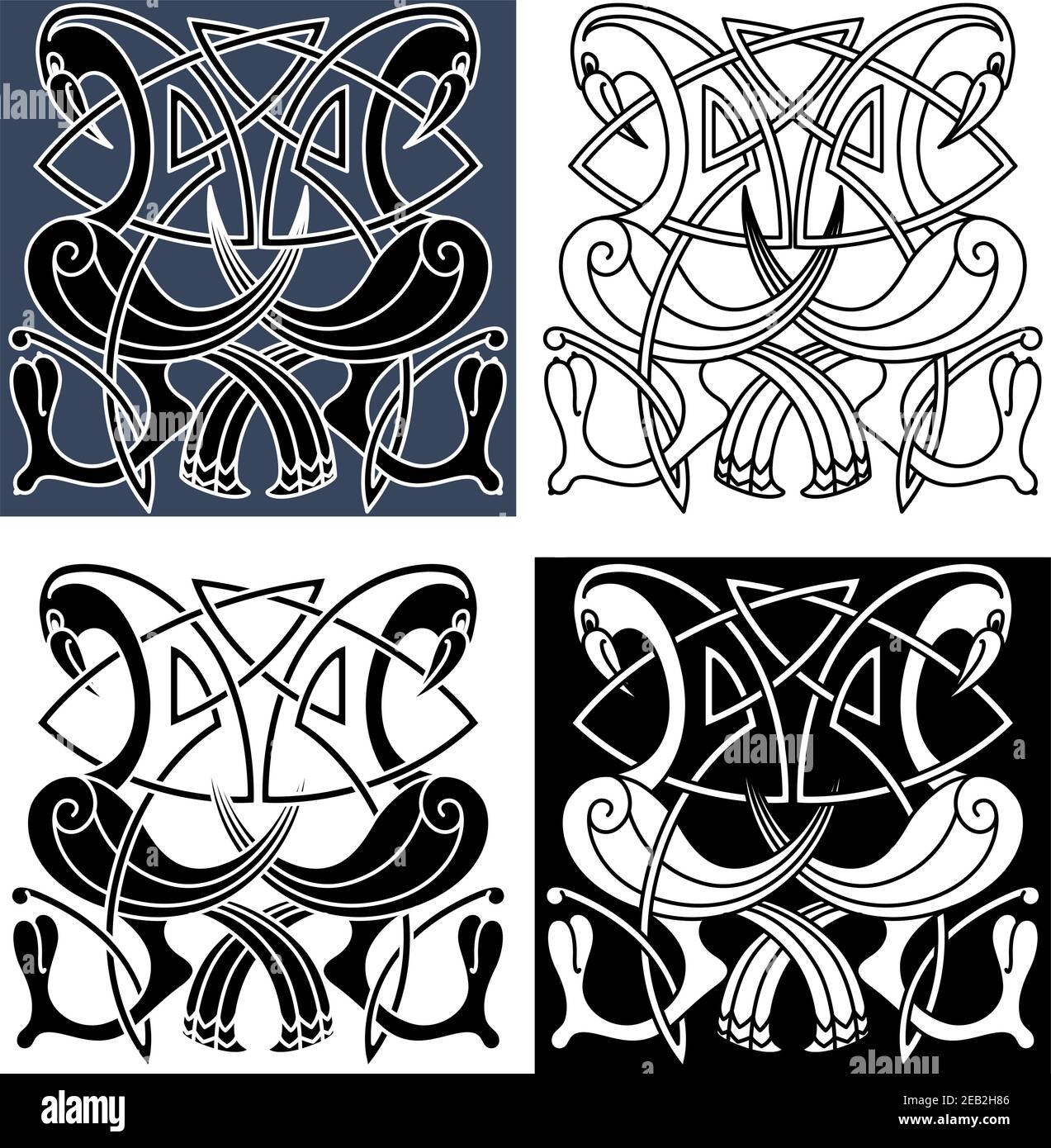 Zierreiher Vögel mit geschwungenen Schwänzen und Flügeln verziert mit traditionellen keltischen Knotenmustern, für Tattoo oder mittelalterliche Verschönerung Design Stock Vektor